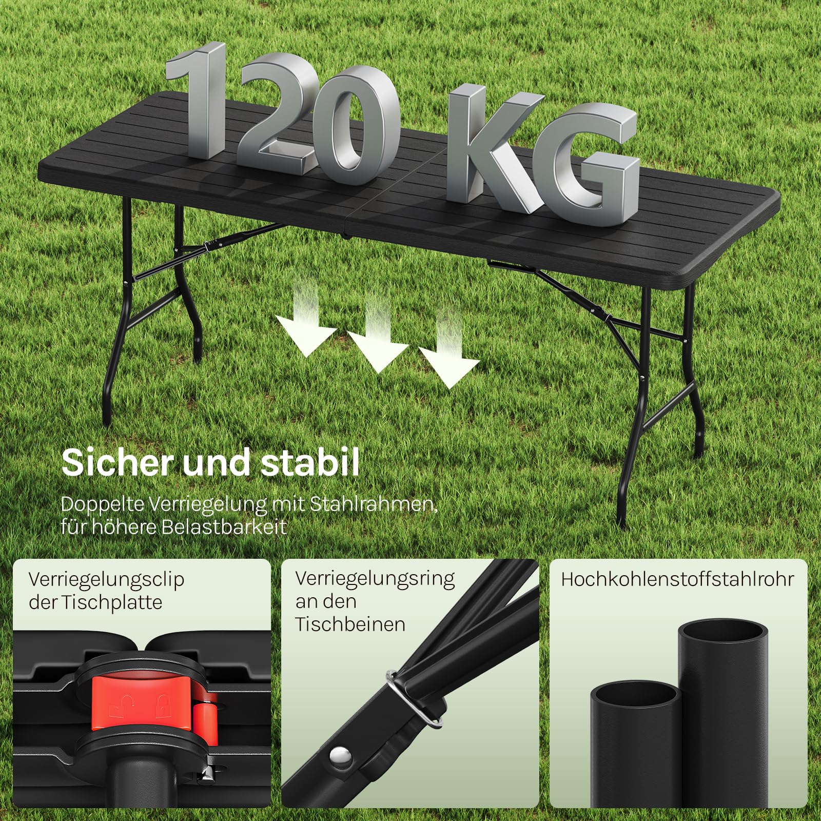 WOLTU Klapptisch 180x74cm, Gartentisch mit Tragegriff, Klappbar & Tragbar & Wetterfest, aus HDPE + Metall, Campingtisch 8 Personen für Garten Terrasse und Balkon, Schwarz
