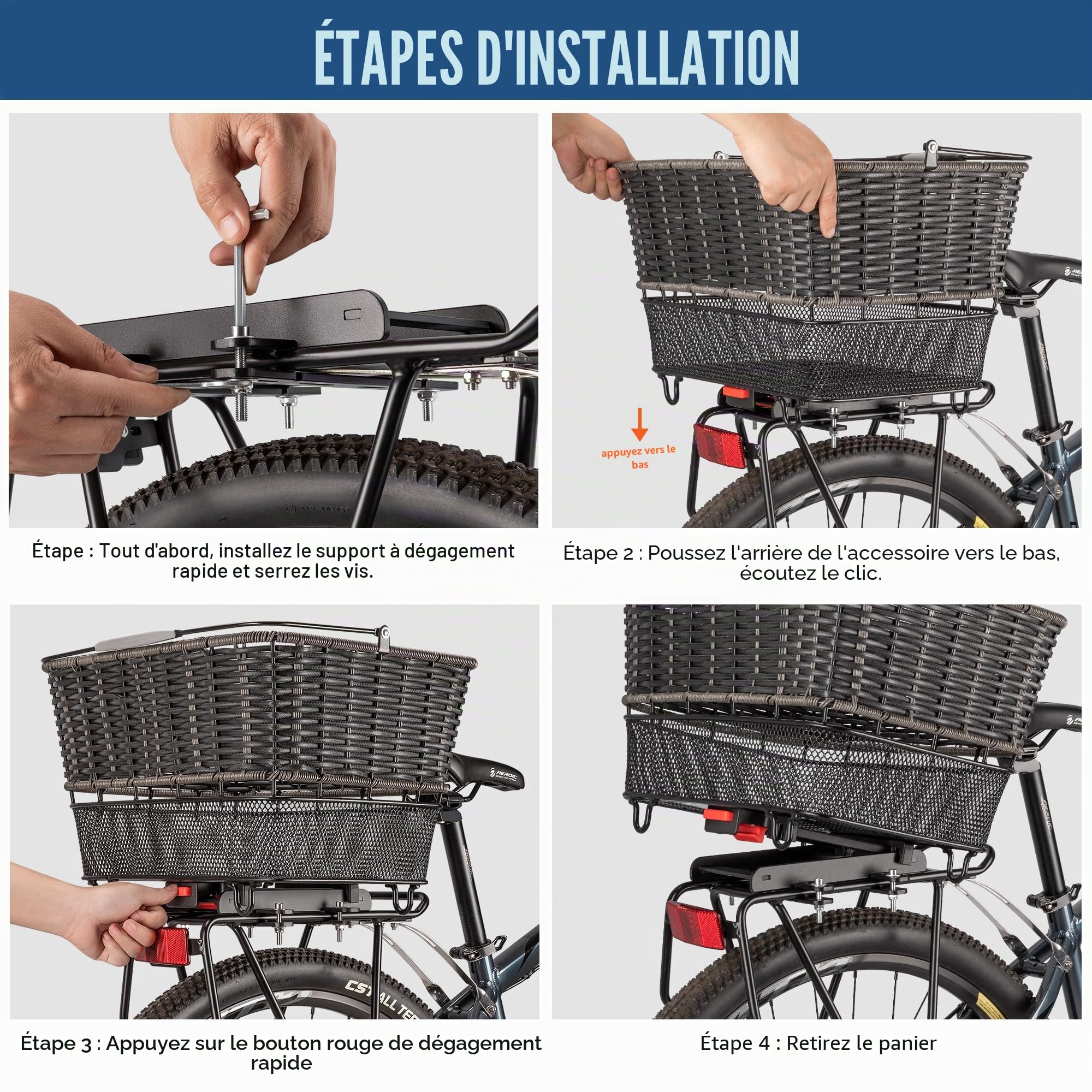 Panier Arrière de Vélo – Panier Arrière Large à Libération Rapide avec Filet de Rangement et Housse Imperméable, Panier Tressé à Grande Capacité