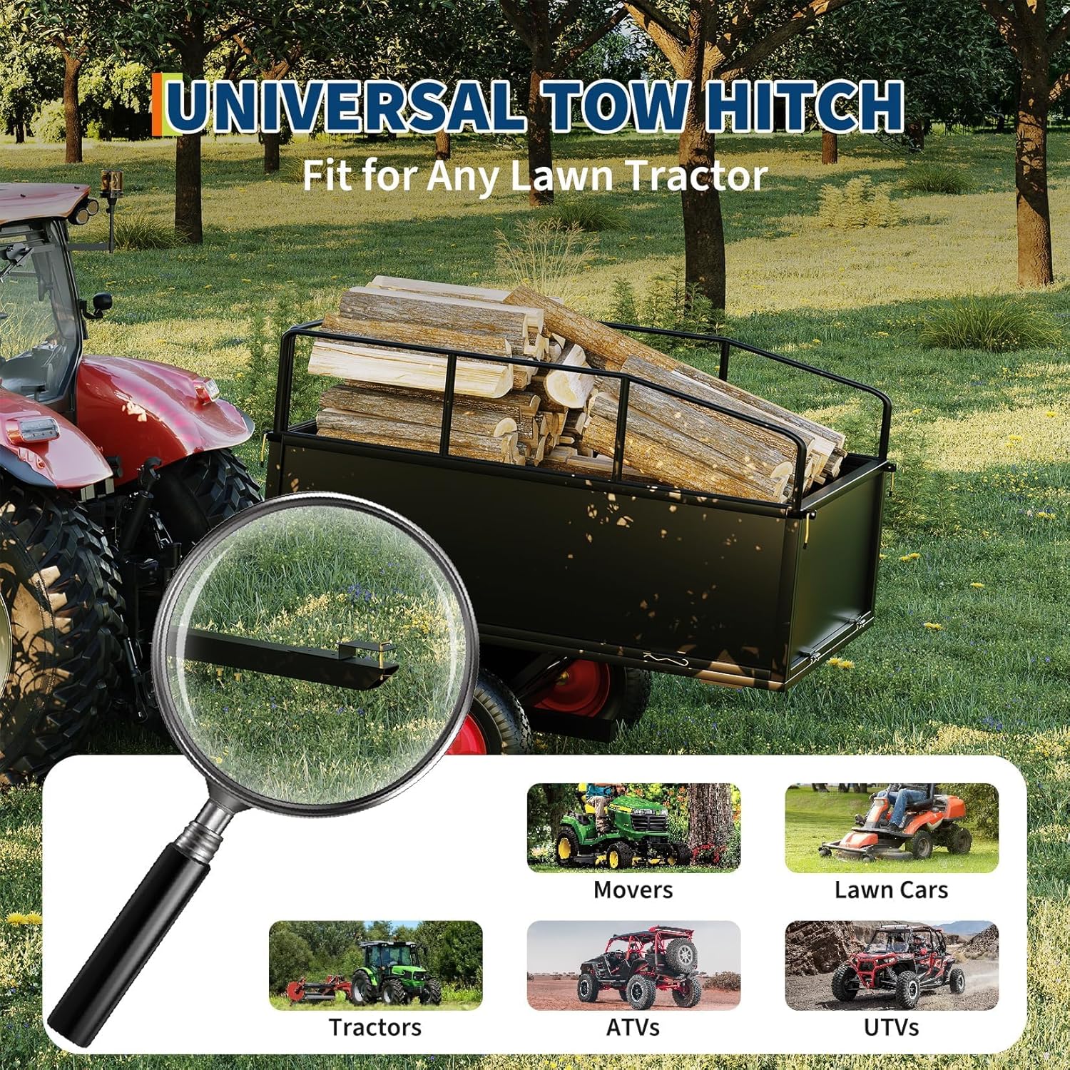 ATV Trailer Tow Behind Steel Dump Cart, 750 lbs 17 Cubic Feet Heavy Duty Yard Garden Trailer with Removable Sides & All Terrain Tires, Fits Lawn Mower, Tractor, Garden Cart, Black
