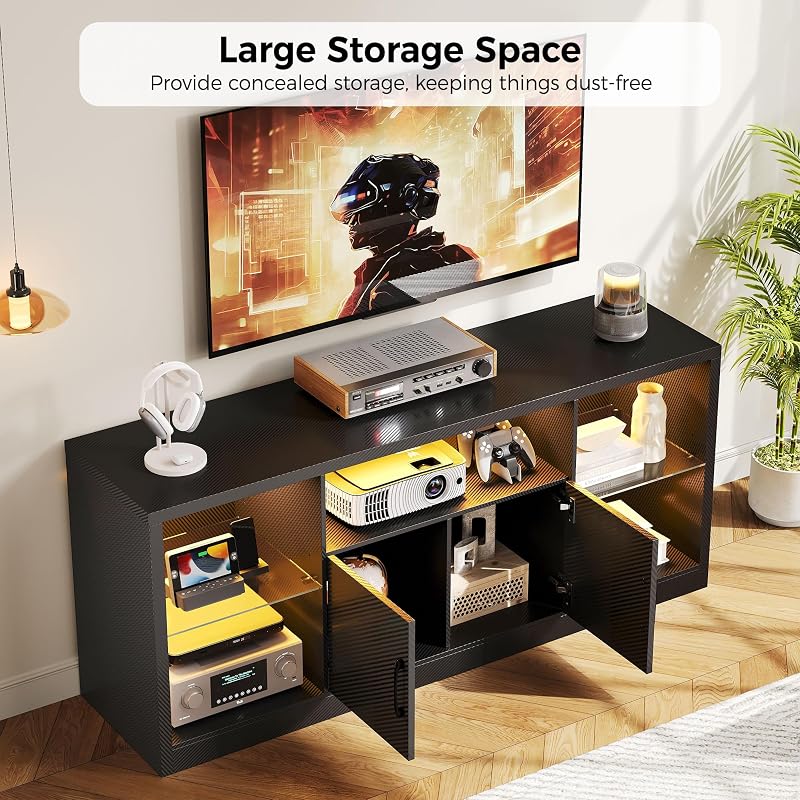 IRONCK 59" TV Stand for TVs up to 65", LED Entertainment Center, Black image 5