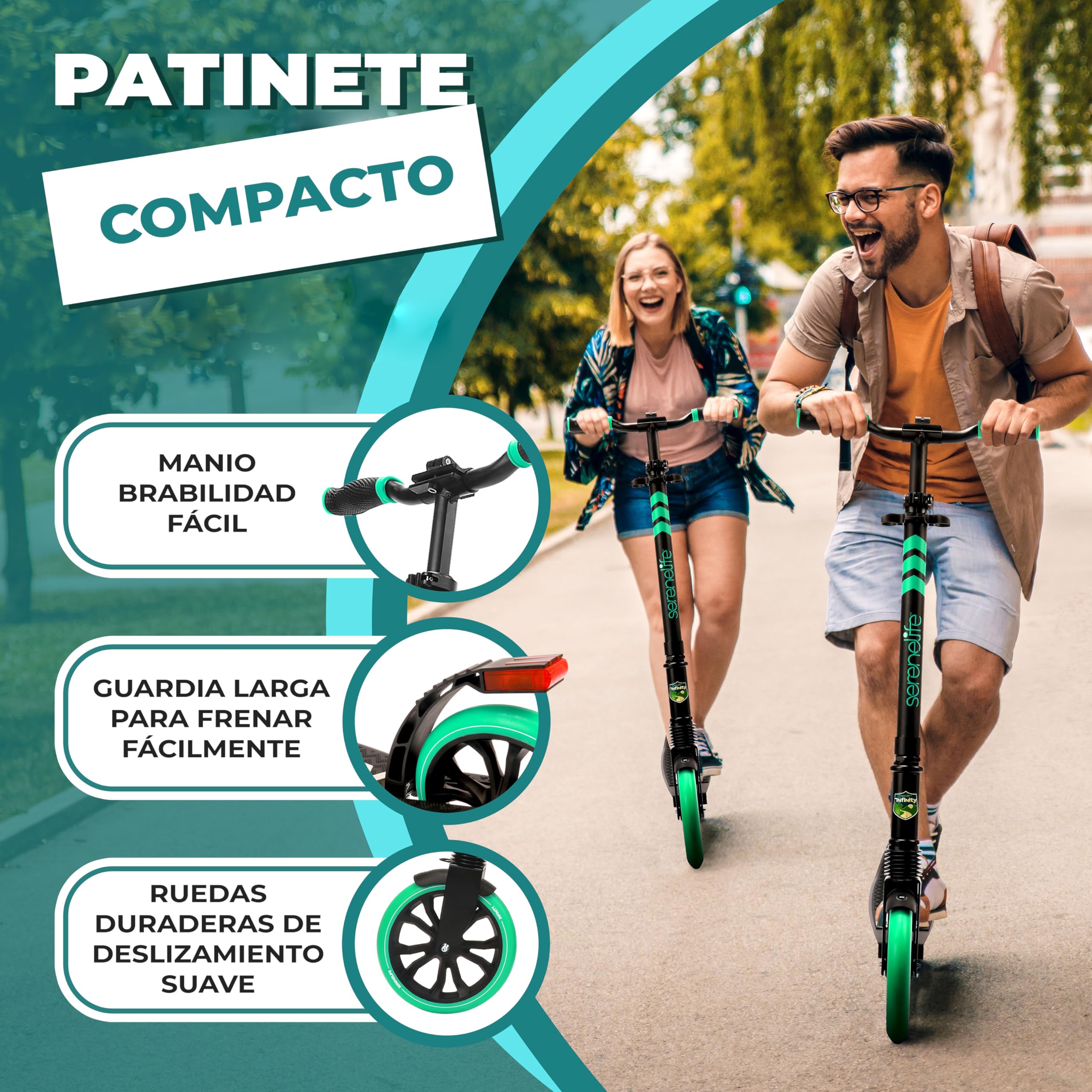 SereneLife Patinete Adolescentes, con Luces, Plegable, Ajustable, Adultos, Freno Manillar, Dos Ruedas, Barra en T, Facil maniobra