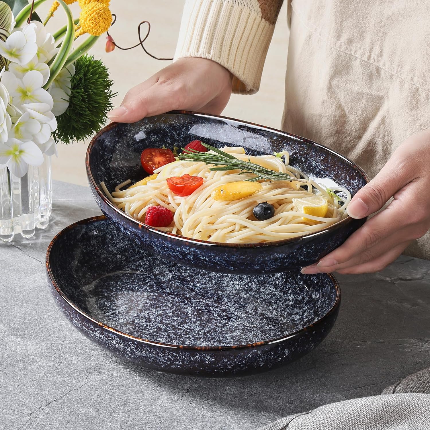 Egg-Shaped Pasta Bowl Set of 4-30oz, Microwave Safe Plate with High Edge for Kitchen and Eating, Large Wide Bowls/Plates for Serving Dinner, Salad-Speckled Bluish Purple