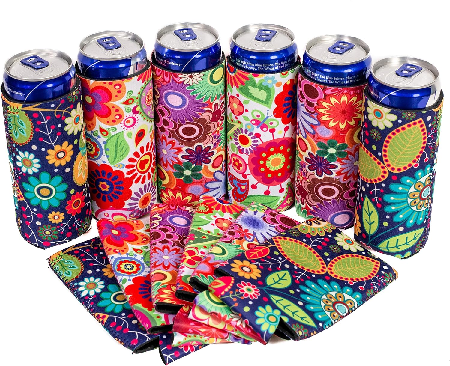 QualityPerfection Slim Can Cooler Sleeves (12 Pack) Insulated, Beer/Energy Drink Neoprene 4mm Thickness Thermocoolers for 12 oz Tall Skinny Beverage - Pattern Design, Ready for Printing (Flowers): Home & Kitchen