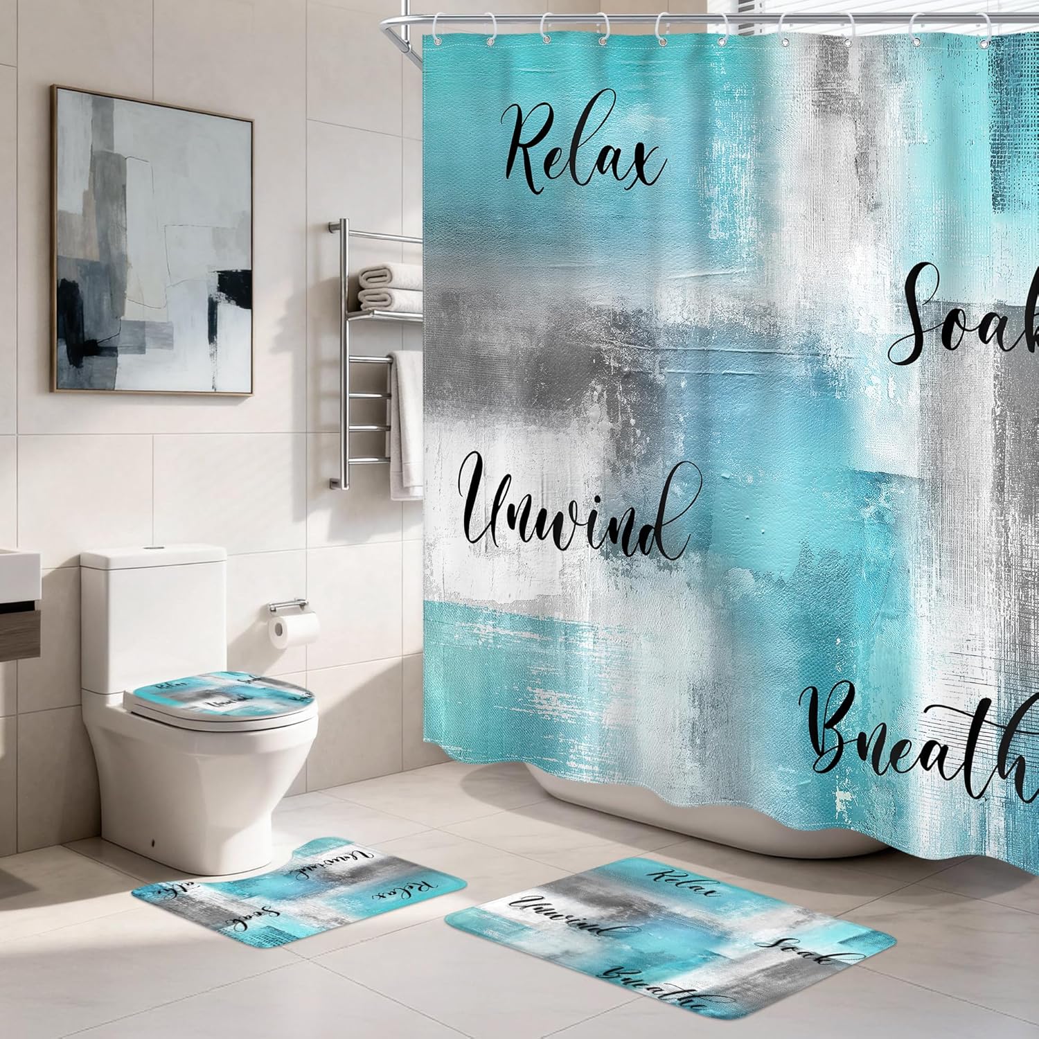 4 PCS Teal Blue Abstract Bathroom Set with Shower Curtain and Rugs 72Wx72H Inch Green Grey Oil Painting Contemporary Bath Rug Toilet Lid Cover and U Shape Mat Accessories 12 Hooks Bathoom Decor