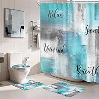 Vista 11 de Juego de 4 Piezas de Cortina de Ducha Amarilla y Gris, Juegos Completos de Baño con Cepillo Abstracto Moderno, Cubierta de Tapa de Inodoro, Tapete