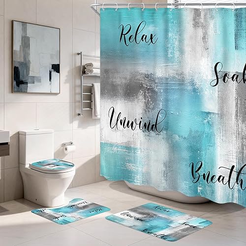 Miniatura 11 de Juego de 4 Piezas de Cortina de Ducha Amarilla y Gris, Juegos Completos de Baño con Cepillo Abstracto Moderno, Cubierta de Tapa de Inodoro, Tapete