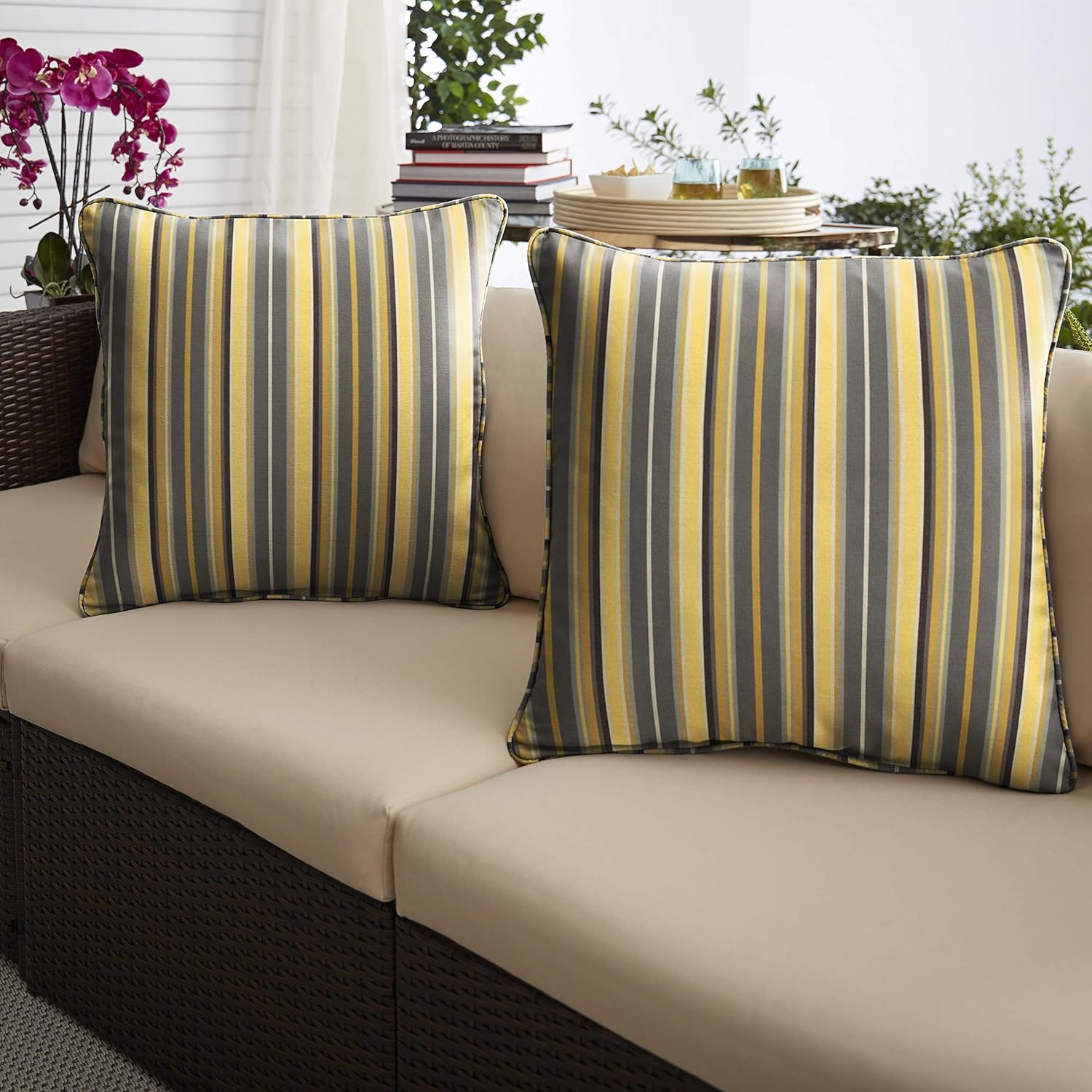 Sorra Home x Sunbrella - Indoor/Outdoor Corded Pillows, 18" x 18", Foster Metallic
