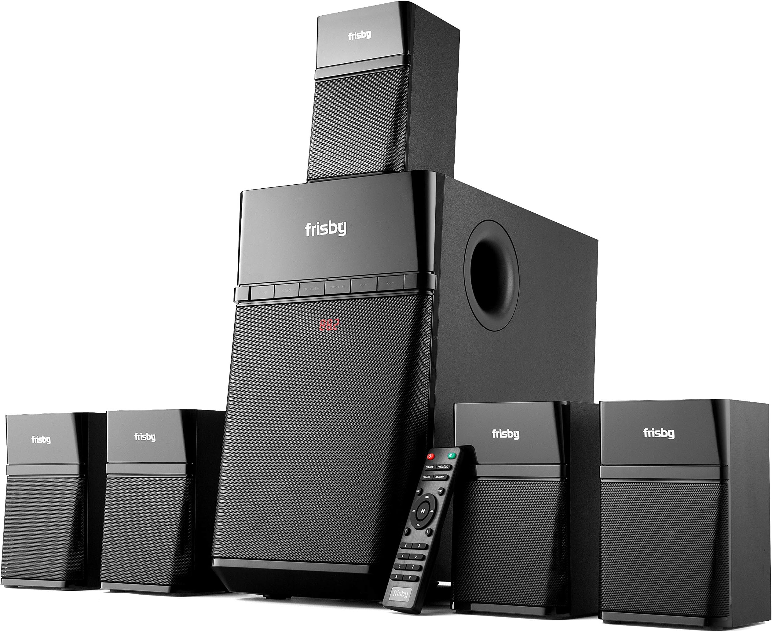 Frisby Home Theater 5.1 Surround Sound System with Subwoofer, Bluetooth Wireless Streaming from Devices & Media Reader, FM Radio, Digital Optical Output – Black