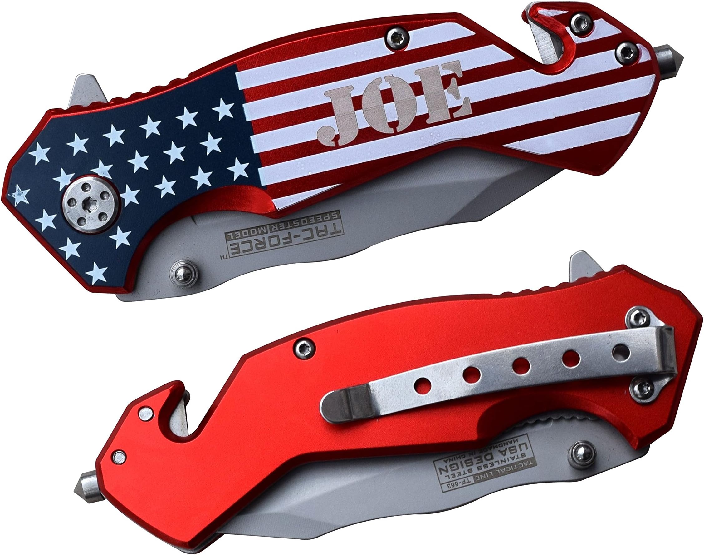 Engraved Handle Rescue Pocket Knife - Personalized Folding Knife - Father's Day Groomsmen Gifts - USA Knife