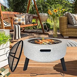 2-in-1 Outdoor Fire Pit w/Cooking Grate, Wood Burning Barbecues Grills, Table BBQ Grill Firepit Bowl, w/Spark Screen Cover Log Grate Fire Poker