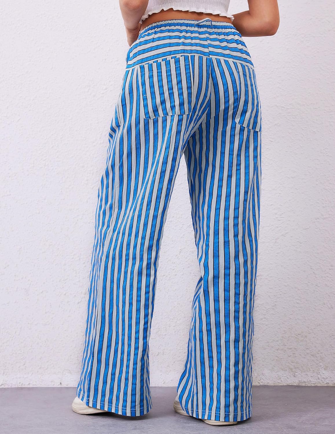 2026 Summer Striped Pants Women Loose Wide Leg Drawstring Pants Lightweight Low Rise Lounge Trousers with Pockets - Image 2