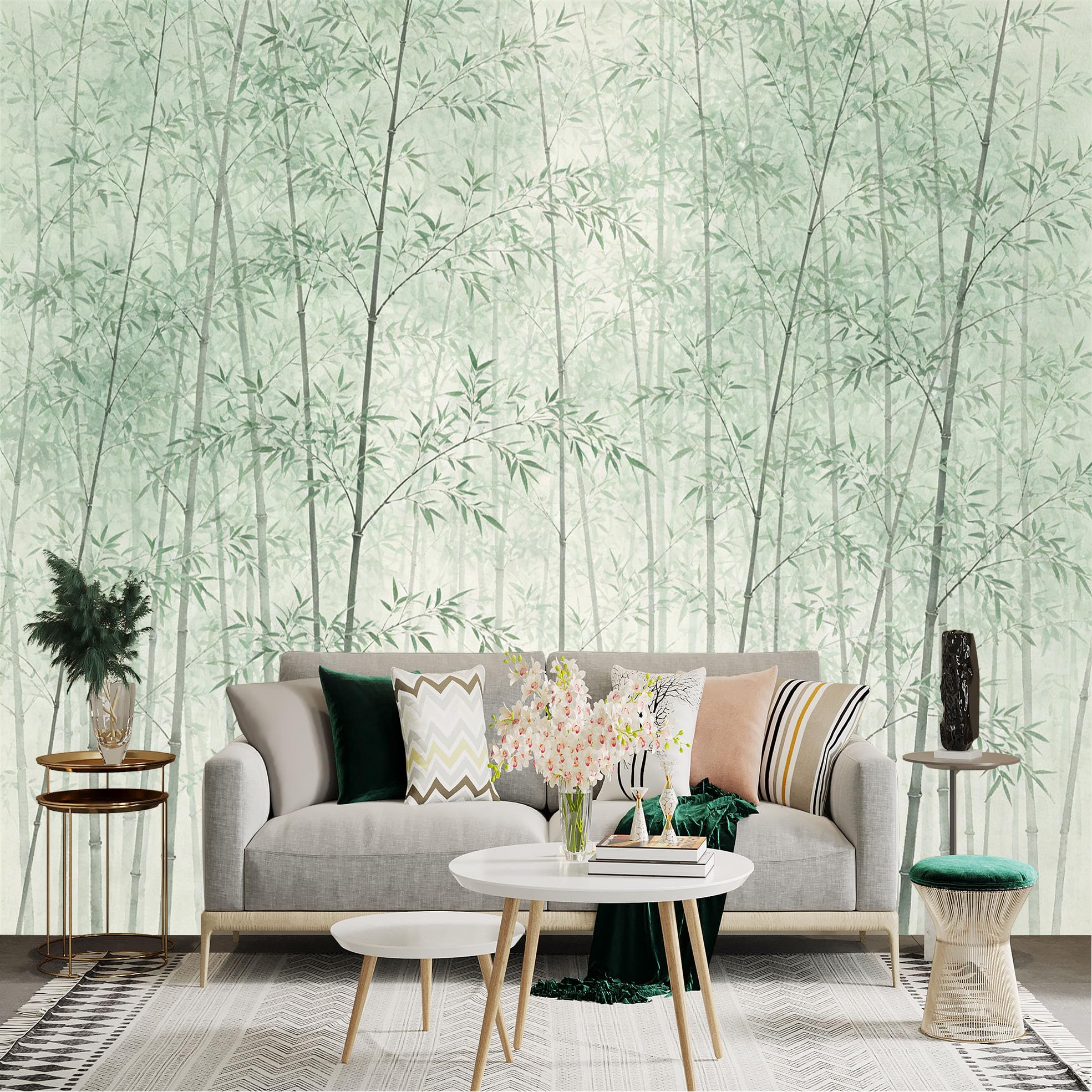 Lnzczhyre Dbh260521521 Custom Size Wall Sticker Mural， Green Bamboo Forest， Zen Style Nature Scenery， Misty Atmosphere， Serene Botanical Plants， For Wall Decoration， Peelandstick Wall Decals.