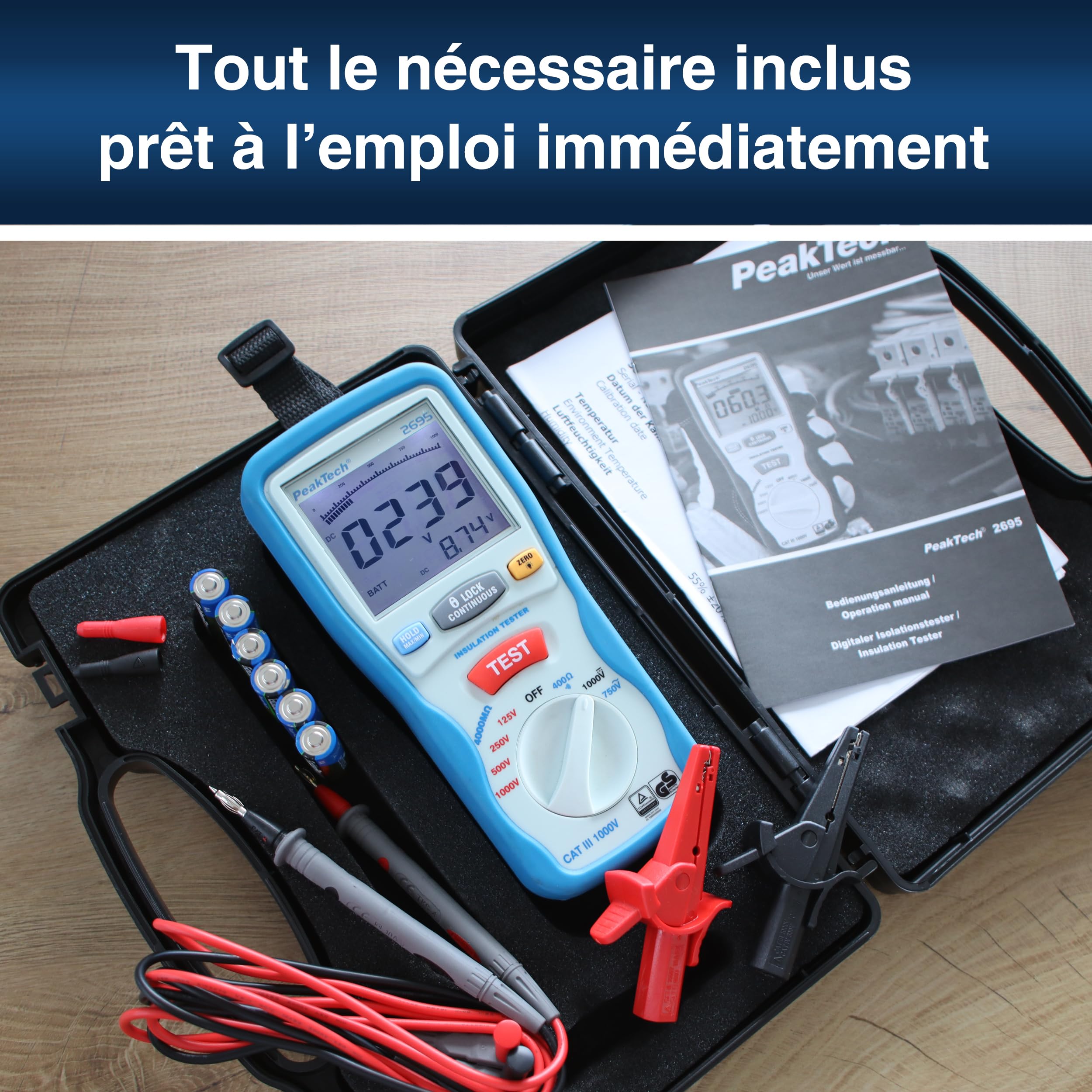 PeakTech 2695 - Testeur d'Isolation Électrique, Voltmètre, Testeur de Continuité, Circuits et Fusibles, Fonctions Min/Max et Data-Hold, TÜV/GS - 125V, 250V, 500V, 1000V