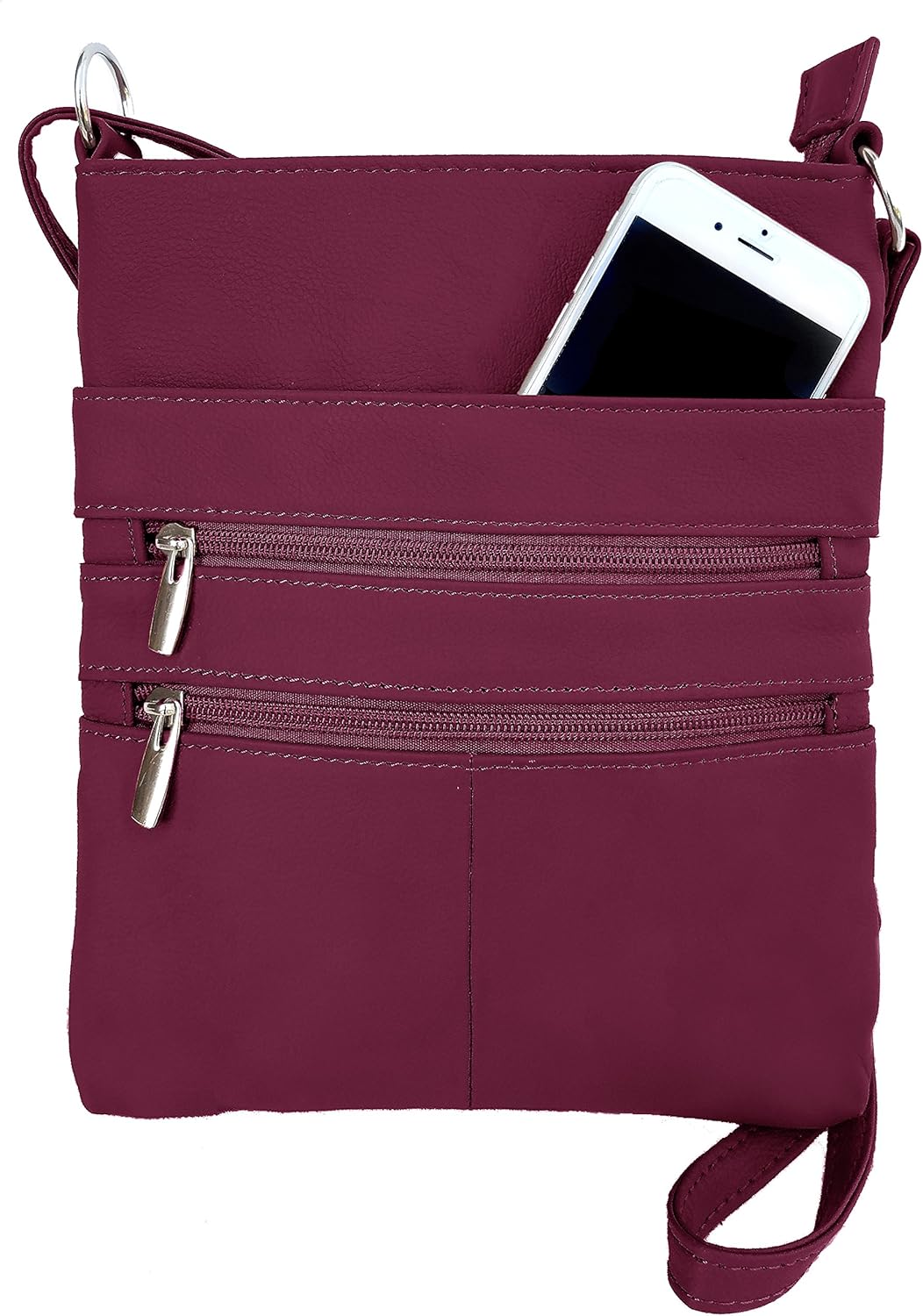 Roma Leathers Mini Cross Body Purse - Multi Pocket Double Zipper Handbag - Premium Wine Leather - Adjustable Shoulder Strap - Convenient Travel Bag - Designed in the U.S.A.
