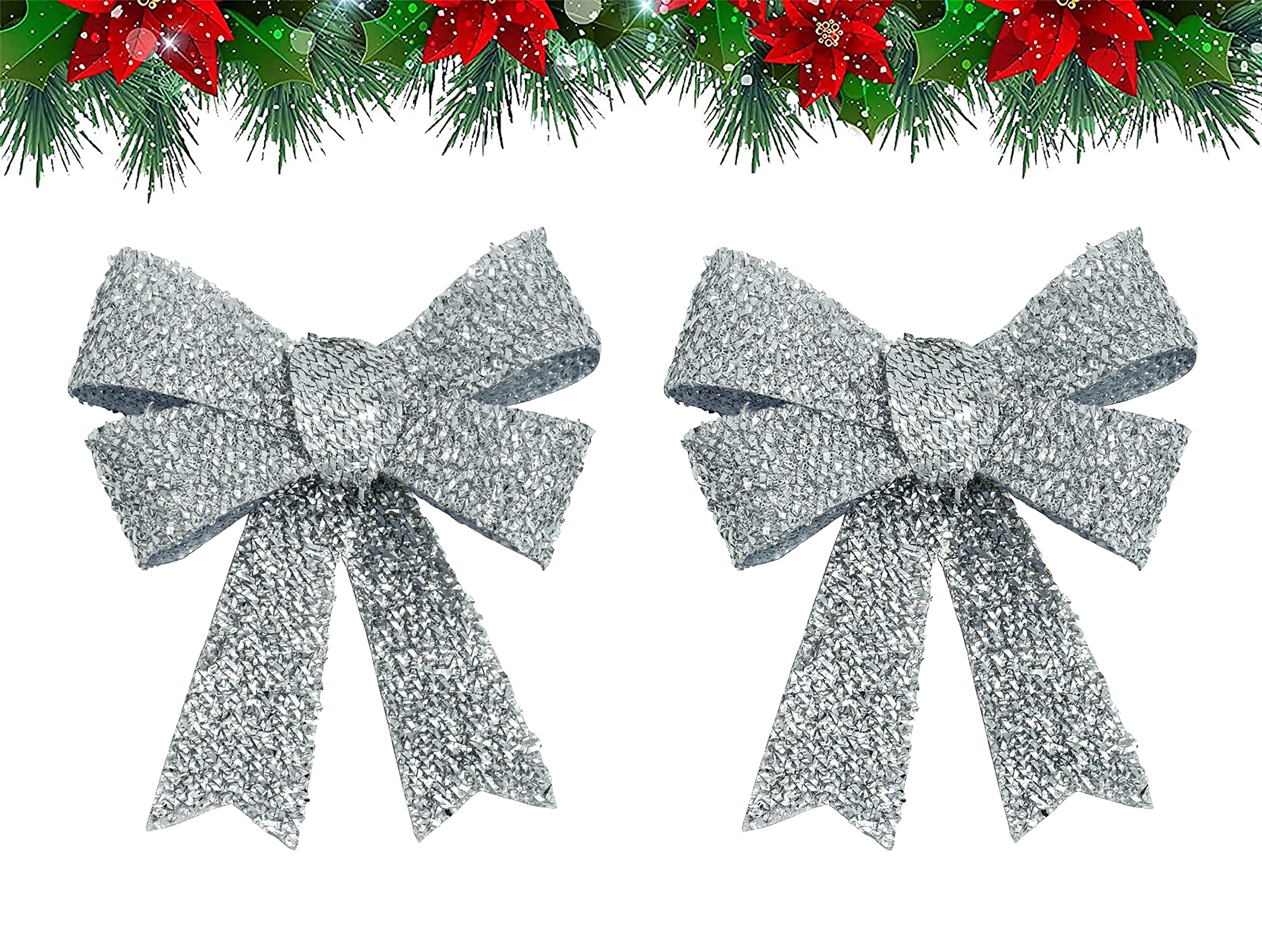 SRV Hub Christmas Bows Decoration, Xmas Tabletop Tree Wreaths Bows for Hanging and Decorating Doors Christmas Crafts Supplies (2Pk- 16cm Silver Glittered Bows)