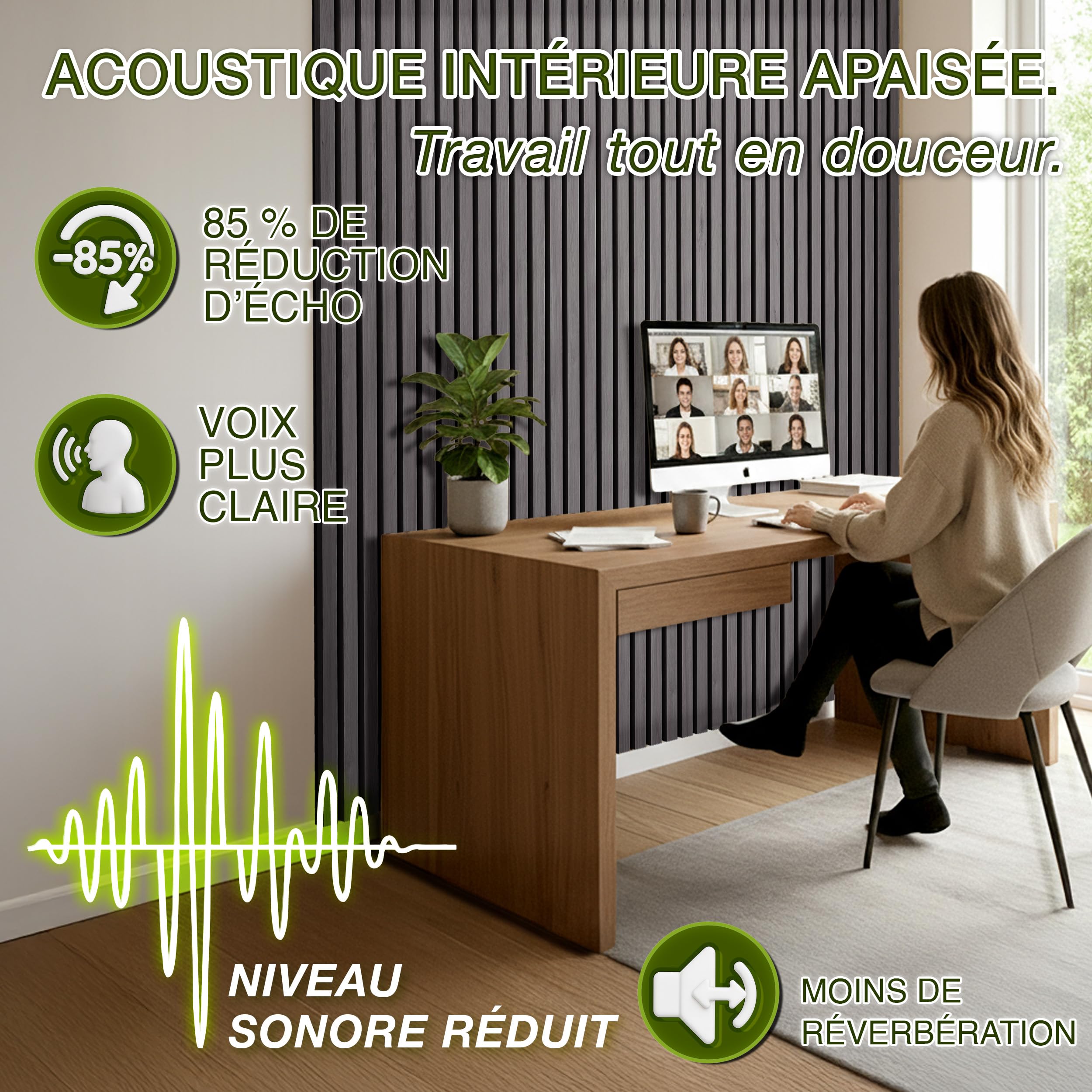 TRESKO Lot de 4 panneaux acoustiques en bois - 120 x 60 cm - Avec 8 crochets à vêtements - Revêtement mural en chêne clair comme mur à lamelles 3D - Panneaux en bois pour isolation acoustique