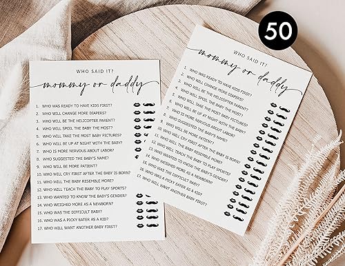 Miniatura 3 de All Ewired Up 50 Mommy or Daddy? Who Said It Game (50 tarjetas), divertido juego de baby shower, género neutro niño o niña minimalista