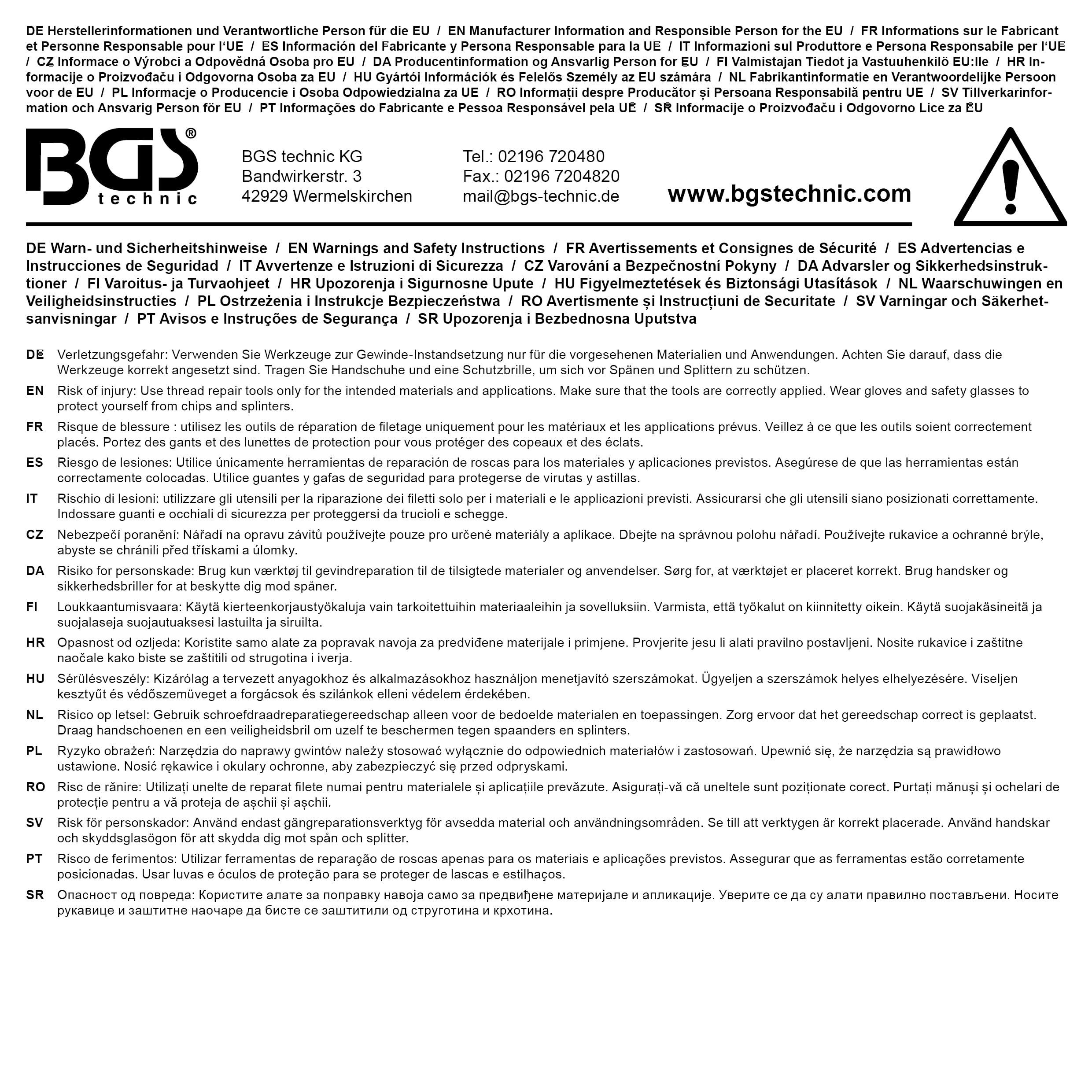 BGS Kit Filets Rapportés M12 x 1.25 Type Helicoil en Acier Inox - 10 Pièces avec Foret, Taraud et Outils de Pose
