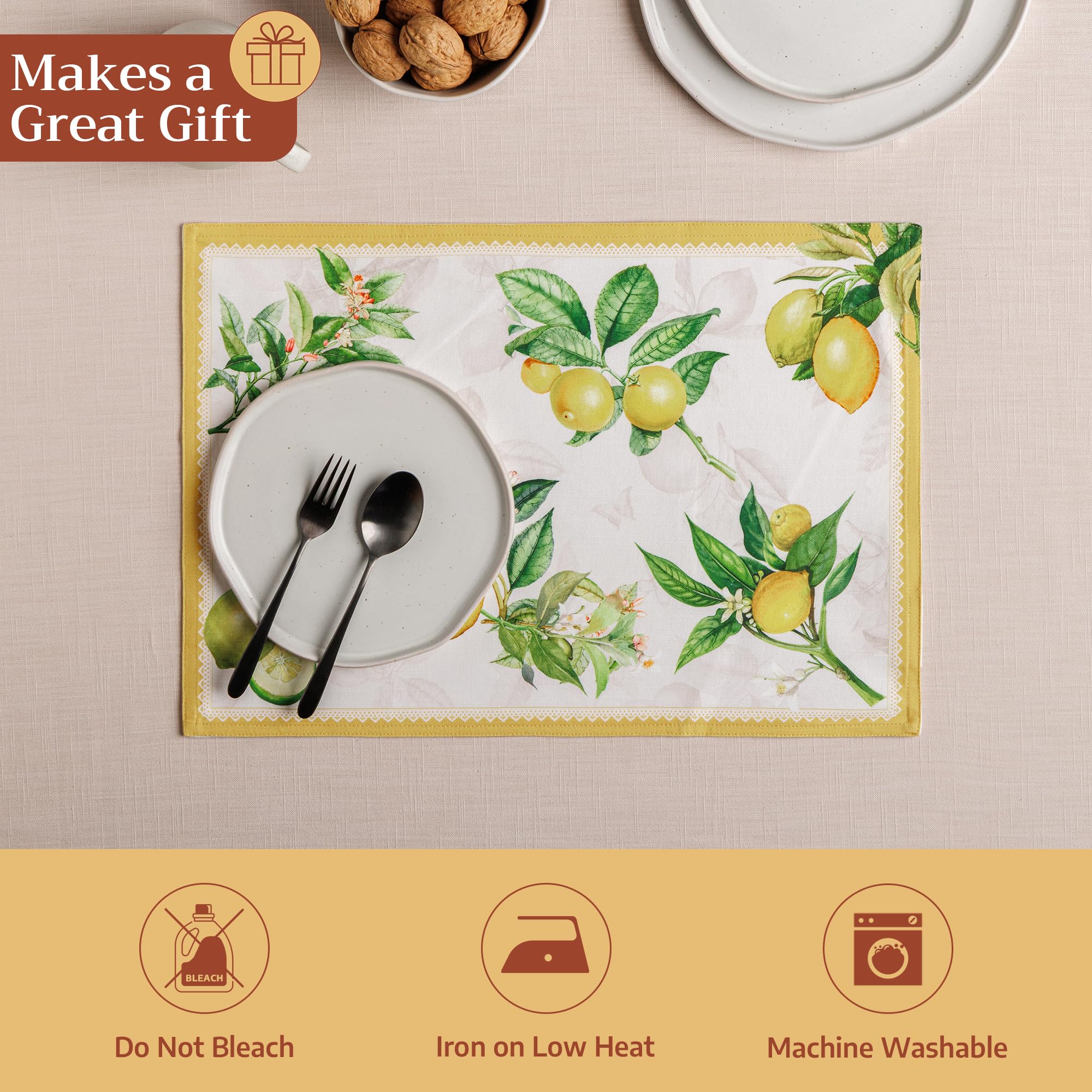 Maison d 'Hermine Limoncello Juego de 4 manteles Individuales 100% algodón para la Mesa de Comedor | Cocina | Boda | La Vida Cotidiana | Cenas | Primavera/Verano (33 cm x 48 cm), Día Madre
