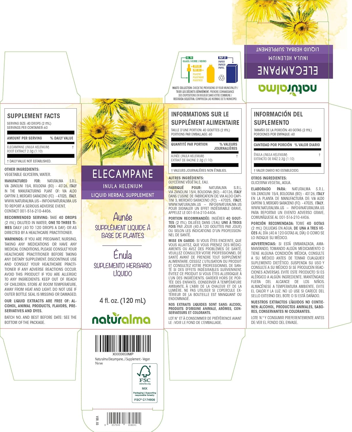 Naturalma Elecampane (Inula helenium) Root Alcohol-Free Tincture - 4 fl oz Liquid Extract in Drops - Herbal Supplement - Vegan - Image 2