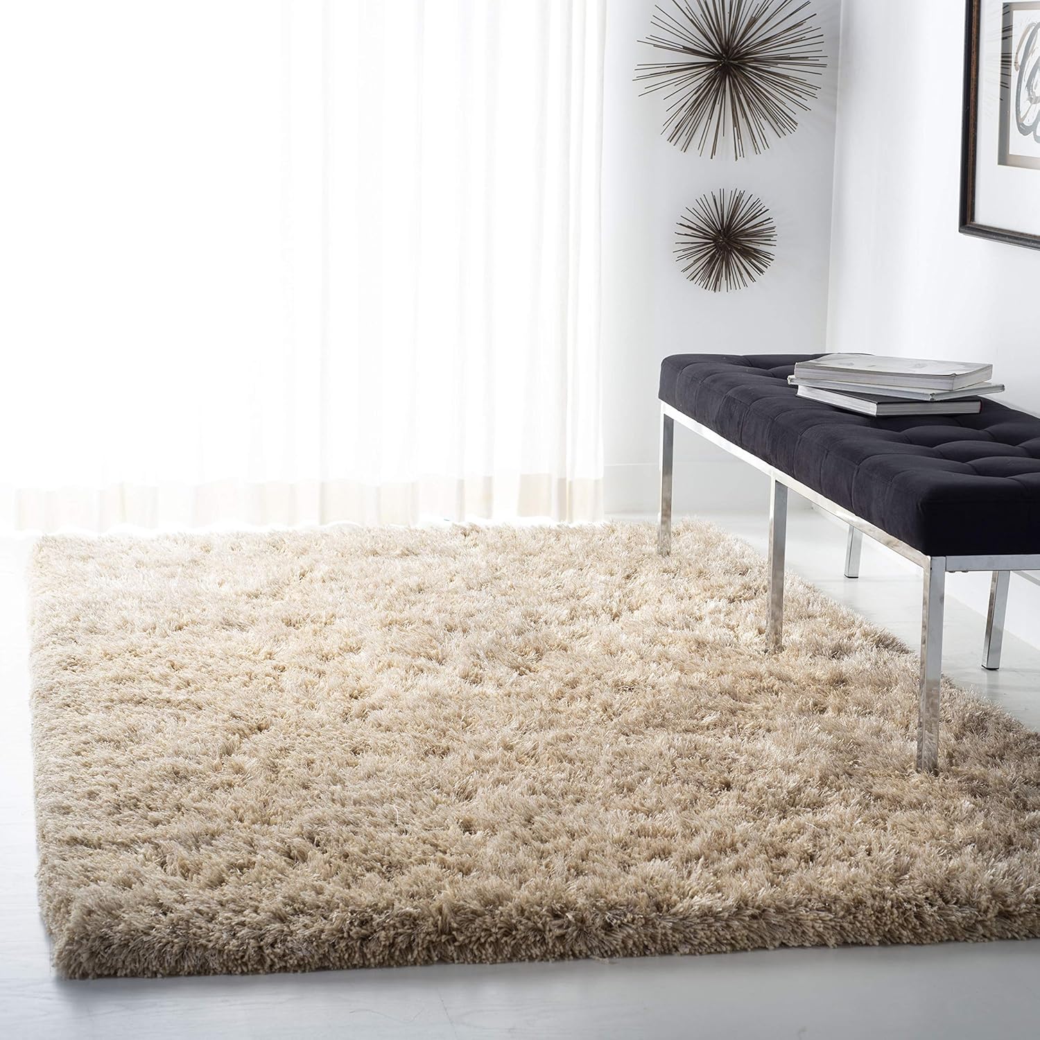 SAFAVIEH Atlantic Shag Collection 4' x 6' Beige ATG101B Handmade Solid 1.2-inch Thick Area Rug