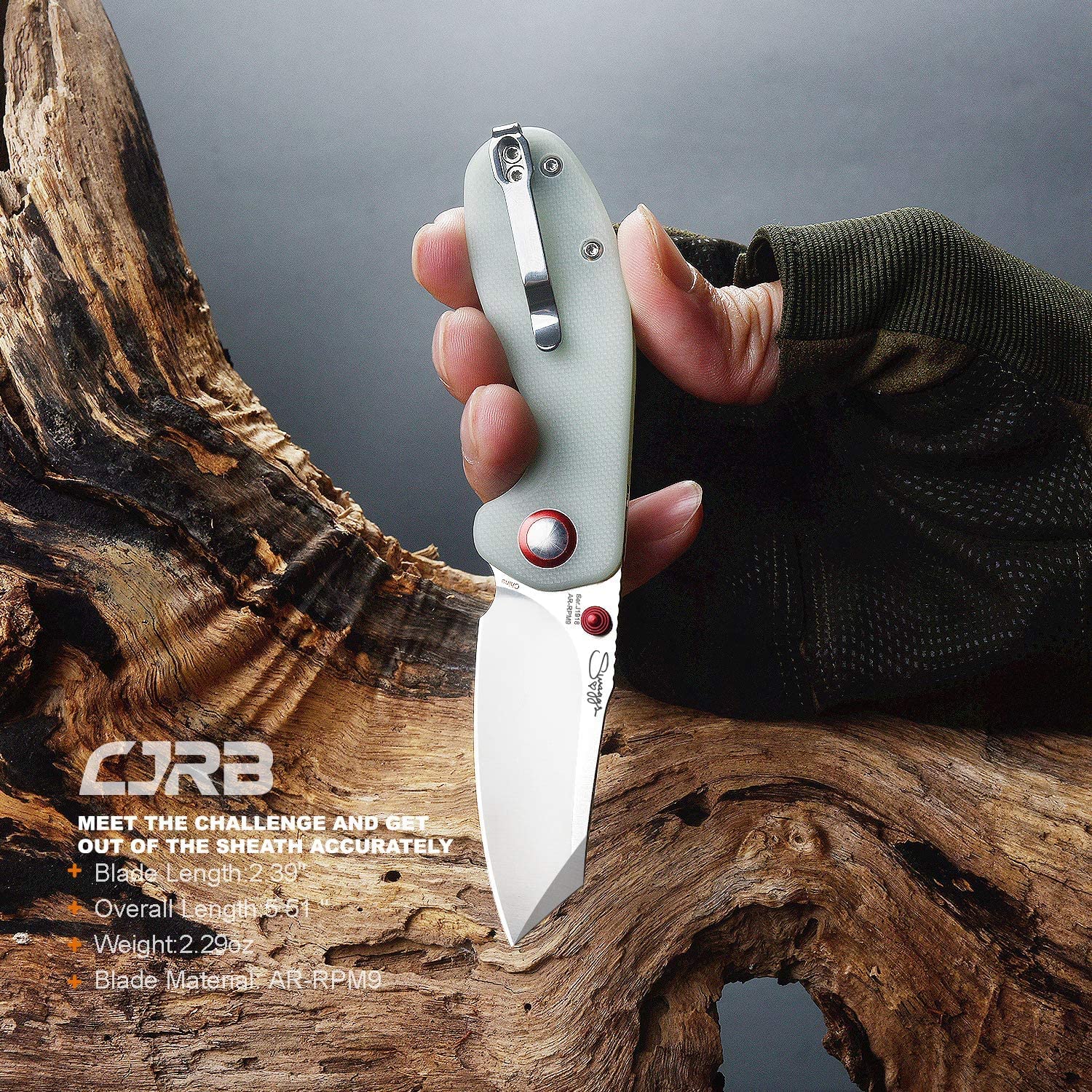 CJRB Crag Klappmesser – 8,7 Cm Klinge Aus AR-RPM9-Stahl, Kohlefaser-Griff, Mit Clip Für EDC, Camping & Outdoor