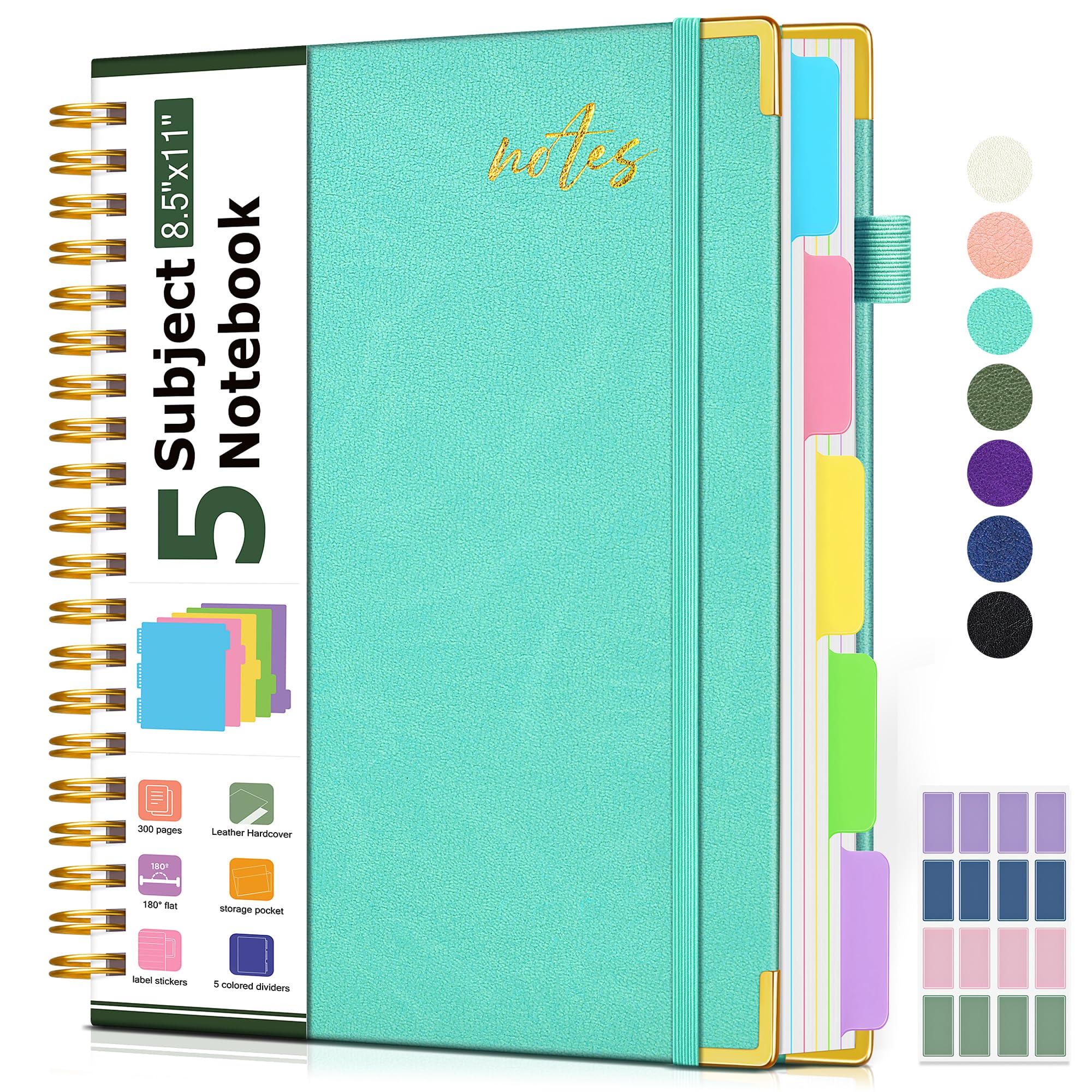 Carnet à spirales à couverture rigide de 21,6 x 27,9 cm avec onglets amovibles, 300 pages pour le travail et l'école, carnet ligné en cuir, grand journal ligné pour femme, Aqure