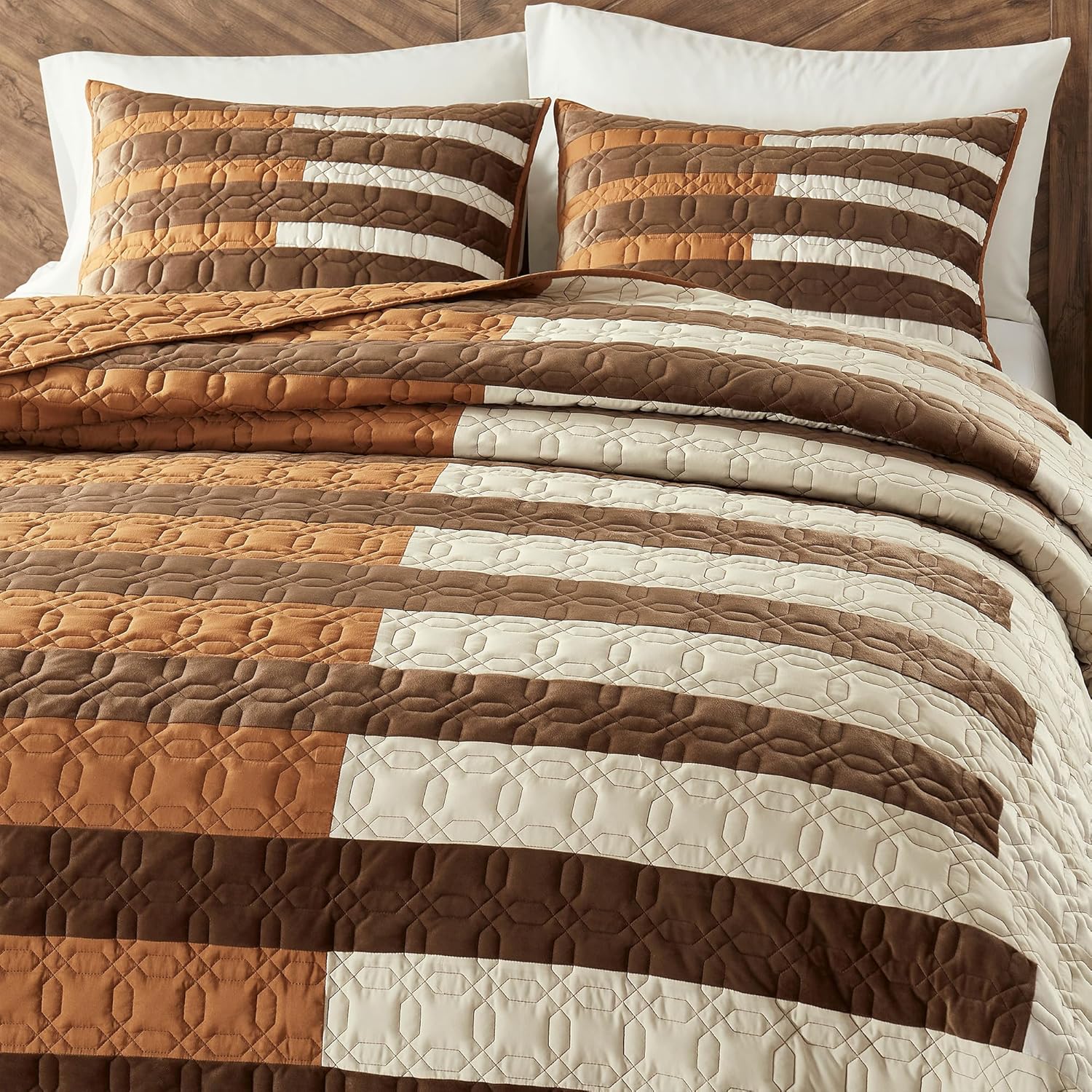 Wonderful Patchwork Quilt Set King Size Farmhouse Bedding Luxury Striped Piano Key Design Brown Beige Bed Cover Velvet Lightweight Bedspread Coverlet Soft Brushed Microfiber Back for All Season