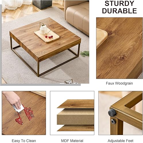 Miniatura 4 de TesNus Mesa de centro cuadrada rústica, moderna mesa de centro simple de madera con patas de metal, mesa central para sala de estar