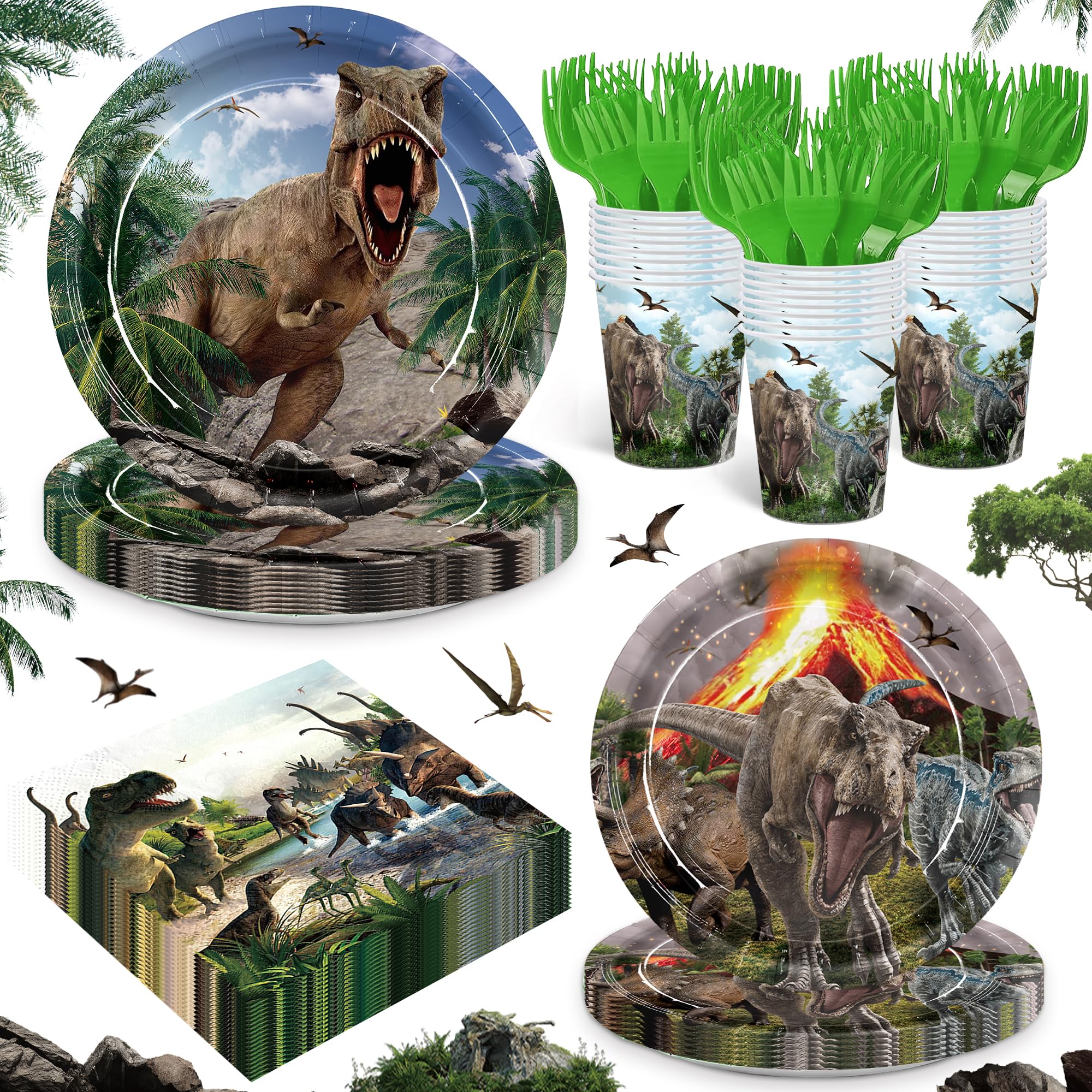Dinosaur Birthday Party Supplies Dino World Baby Kids Happy Birthday Party Disposable Tableware Set Plates Napkins Cups Green Forks for 24 Guests