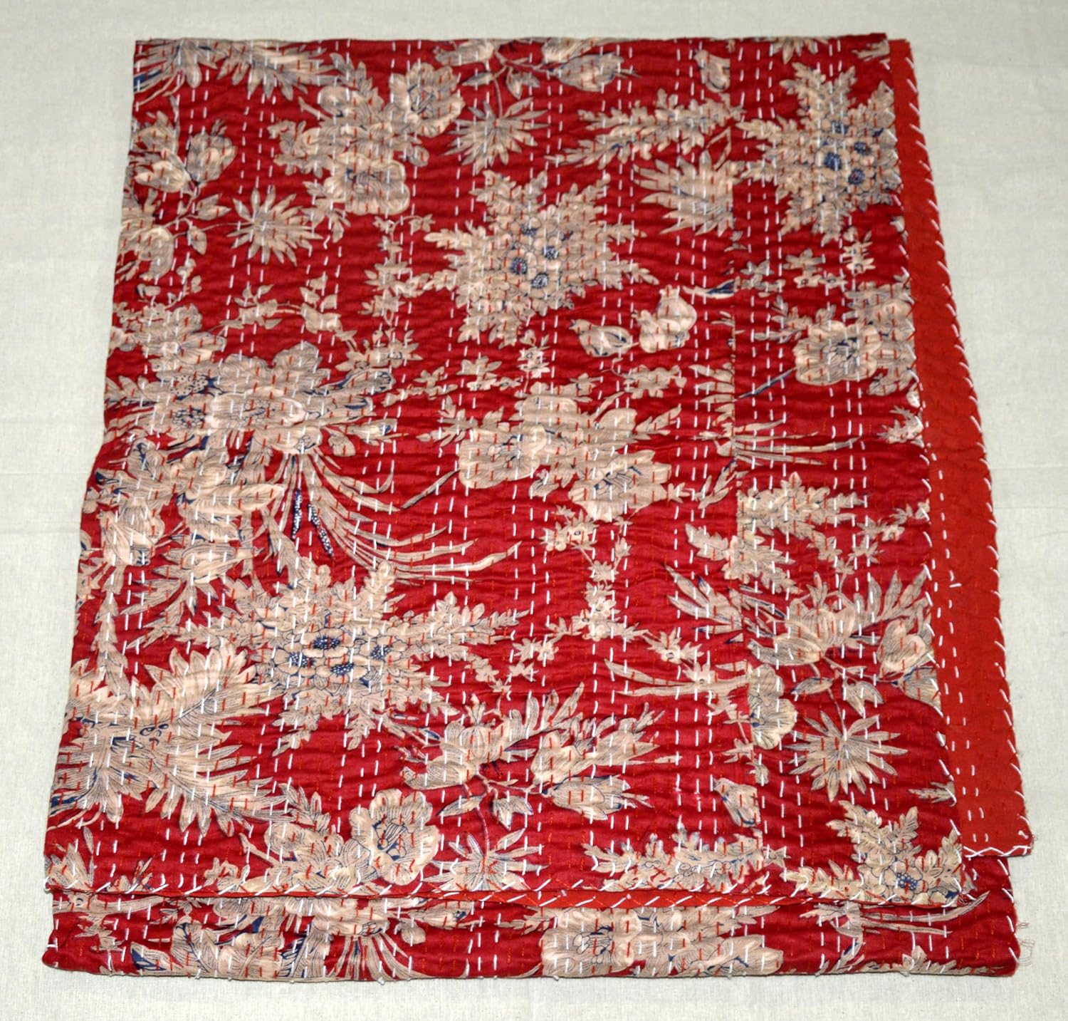 Marusthali Indian quilts Hand Block Print Quilt Cotton Kantha Throw Blanket Indian Bedspread Kantha Bed Cover Queen Size Bed cover (Red)