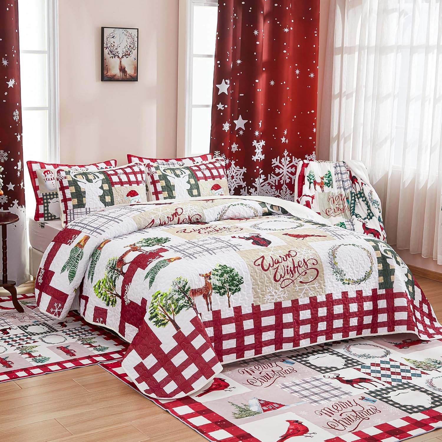 WONGS BEDDING Christmas Quilt Set Queen, Fleece Throw