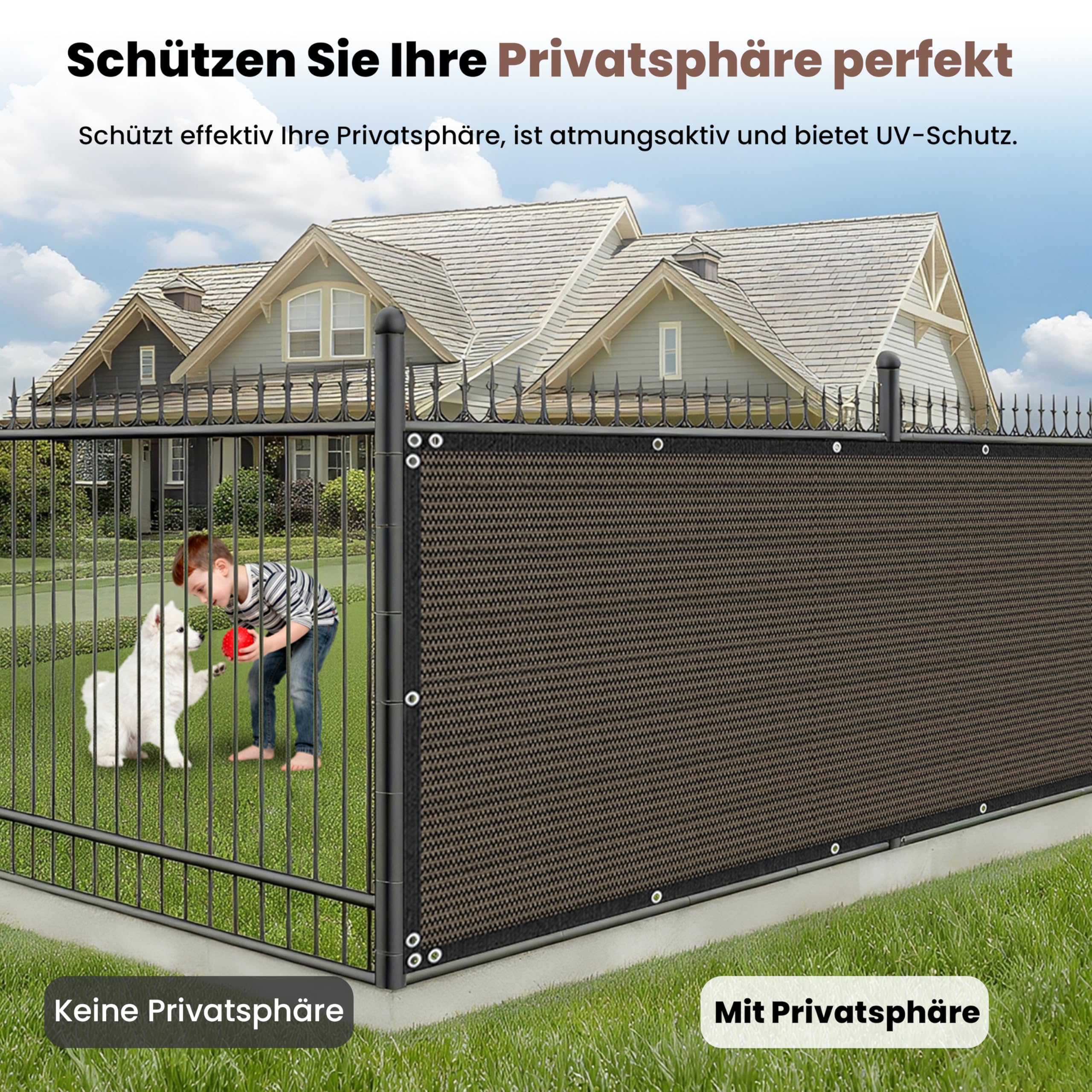 Zaunblende Sichtschutz Braun-Schwarz,1.5x10m, Sichtschutzzaun 90% HDPE-Schattennetz für den Außenbereich, mit Löchern und Kabelbindern, UV-beständiges, reißfestes Sonnenschutznetz