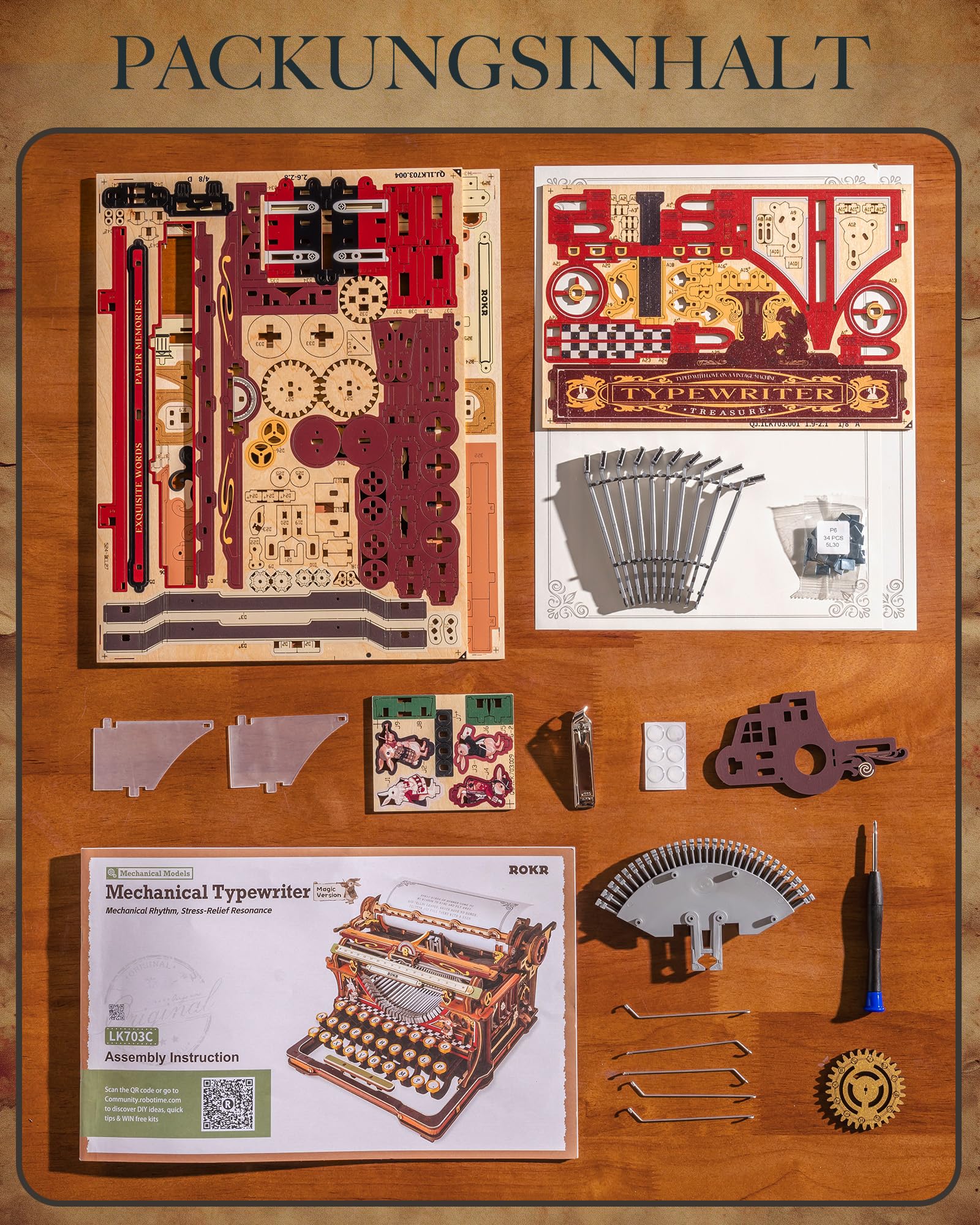 ROKR 3D Puzzle Holz Mechanische Schreibmaschine, 3D Holzpuzzle Erwachsene Holzmodelle Bausätze, Mechanical Typewriter (Magische Version), LK703C