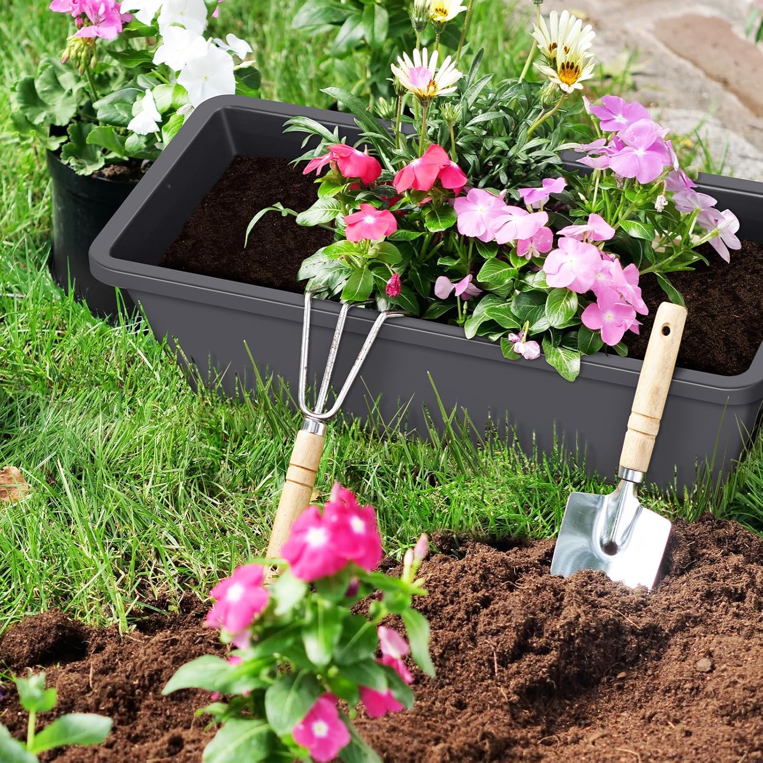 CADUKE Railing Planter Boxes 6 PCS, Planter Boxes with Adjustable Bracket, Deck Rail Planters for Outdoor Plants, Flower Pots for Balcony Garden Decor, Gray