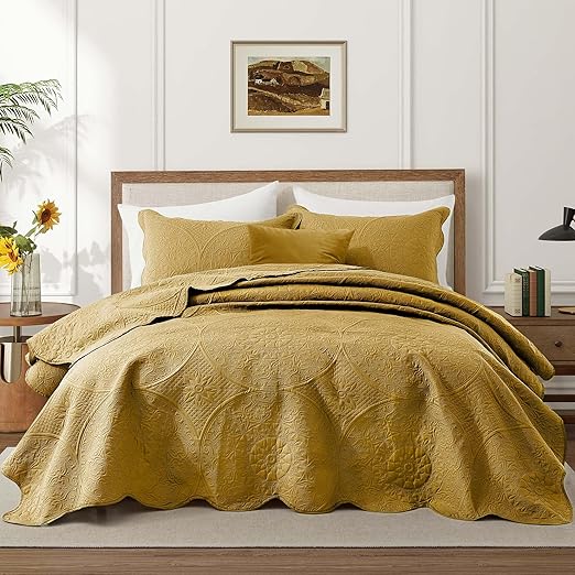 IR Imperial Rooms Twin Quilt Bedding Set Size (68” x 86”) + 1 Pillow Shams (20” x 26” + 2”) - 2 Pcs All Season Lightweight Reversible Microfiber Coverlet Floral Embossed Quilt Bedspread (Ochre)
