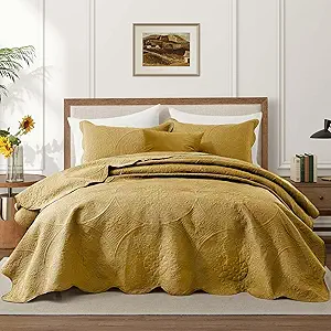 IR Imperial Rooms Twin Quilt Bedding Set Size (68” x 86”) + 1 Pillow Shams (20” x 26” + 2”) - 2 Pcs All Season Lightweight Reversible Microfiber Coverlet Floral Embossed Quilt Bedspread (Ochre)