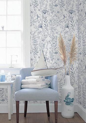 Miniatura 7 de CiCiwind Papel tapiz de despegar y pegar, papel tapiz floral azul y blanco, bohemio, autoadhesivo, extraíble, papel de contacto extraíble, para