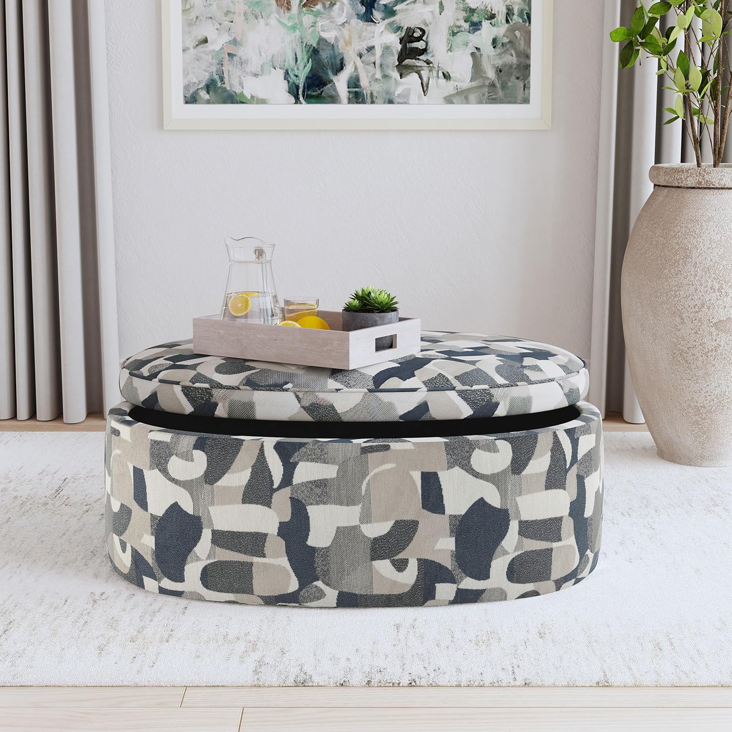 Coaster Home Furnishings - Tomkins - Upholstered Storage Ottoman - Oval Shape, Padded Seat, Hidden Storage - Living Room & Bedroom - Indigo Blue - 509674
