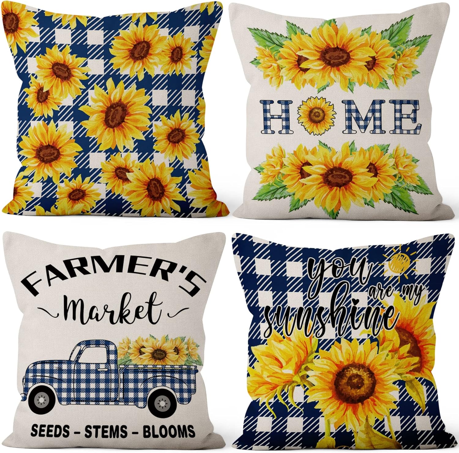 Sunflower Pillow Covers 18x18 Inch Set of 4 Blue Buffalo Plaid Throw Pillow Cover farmhouse farmers market Truck Decorative Pillowcases Couch Cushion Case for Living Room Sofa Outdoor Home Decor