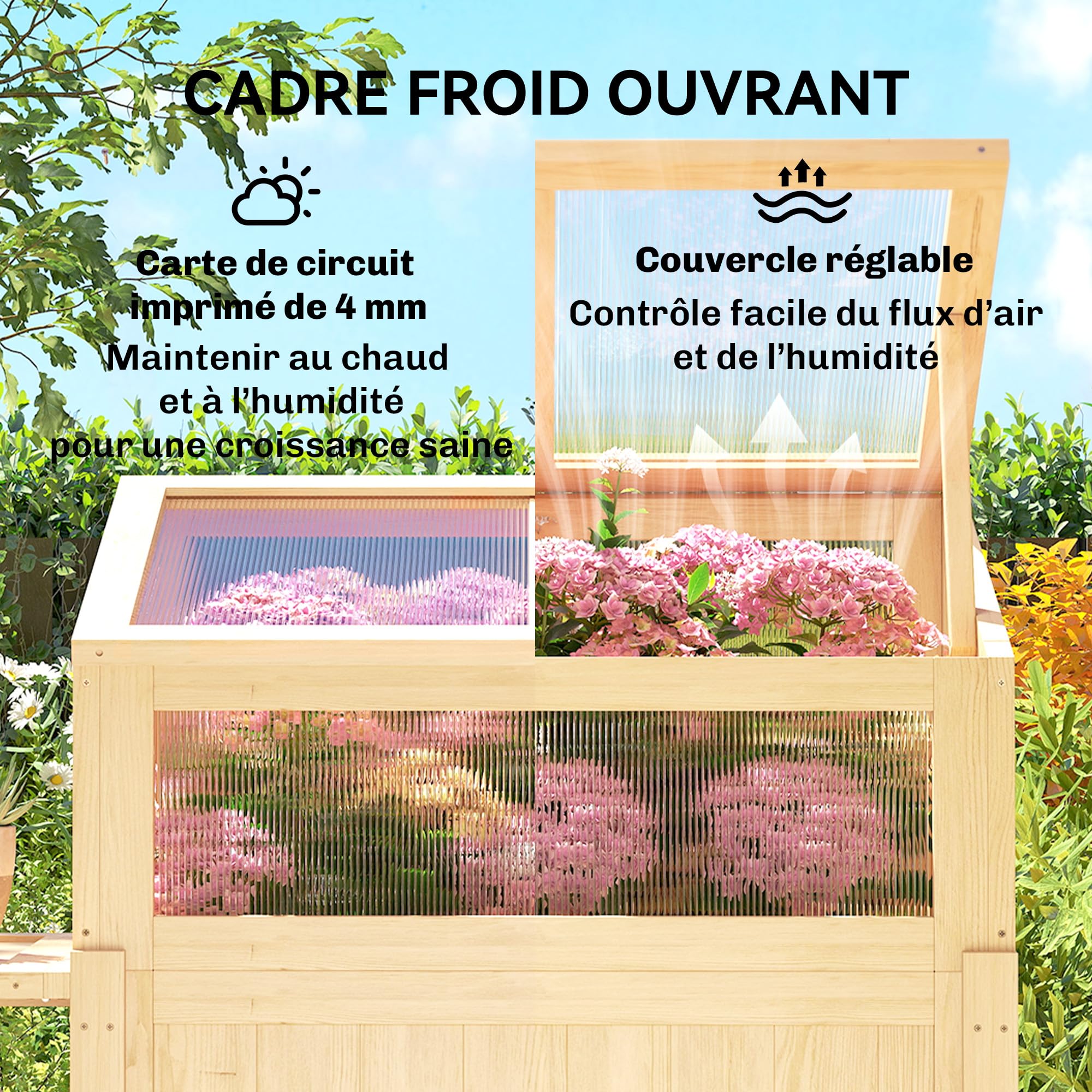 Outsunny Carré Potager sur Pieds avec Serre 104 x 50 x 120 cm Bois Naturel | Jardinière Surélevée en Bois, Table Latérale Pliante, Étagère de Rangement, pour Légumes, Fleurs, Herbes