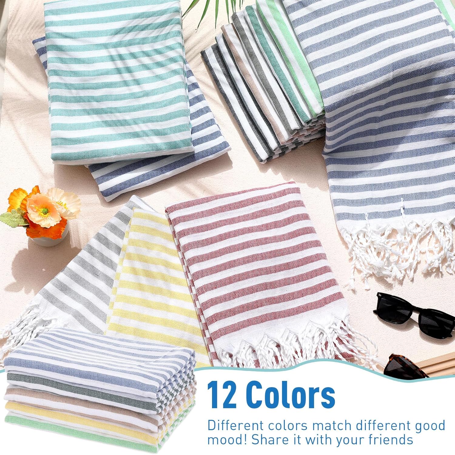 Preboun 12 Pcs Turkish Cotton Beach Towel Bulk 40 x 71'' Oversized Turkish Beach Blanket Quick Dry Extra Large Pool Towel for Adult Absorbent Sand Free Turkish Towel for Bathroom Travel(Mix Color)