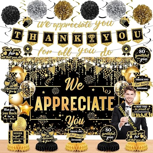 Decoraciones de Fiesta We Appreciate You Negro Dorado Pancarta Thank You for All You Do Centros de Mesa de Panal Espirales Colgantes para Oficina