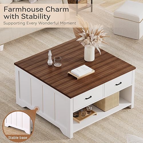 Miniatura 7 de Mesa auxiliar elevable, mesa de té de madera con gran almacenamiento abierto, mesas de centro cuadradas para sala de estar, mesas de café rústicas