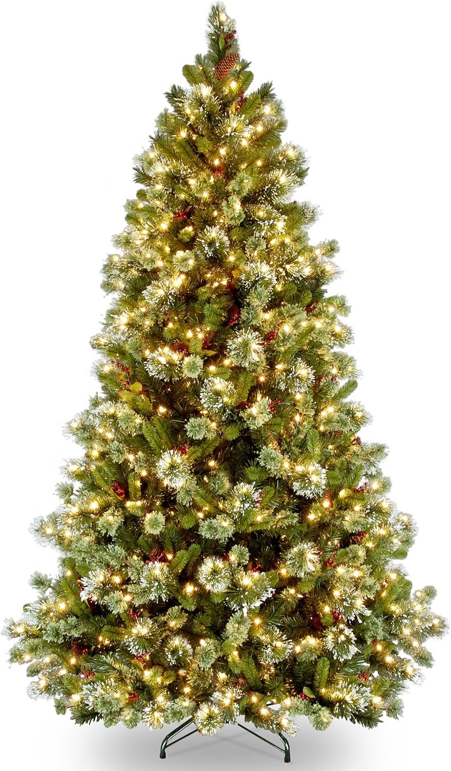 National Tree Company 7.5 ft Pre-Lit Flocked Wintry Pine Medium Artificial Christmas Tree, Pinecones, Red Berries, 650 Clear Lights, 831 Tips, Includes Stand, Green