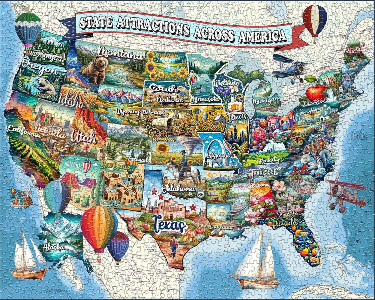 Springbok All American Attractions 1000 Piece Jigsaw Puzzle for Adults - Map of USA - Unique Cut Pieces - Made in USA