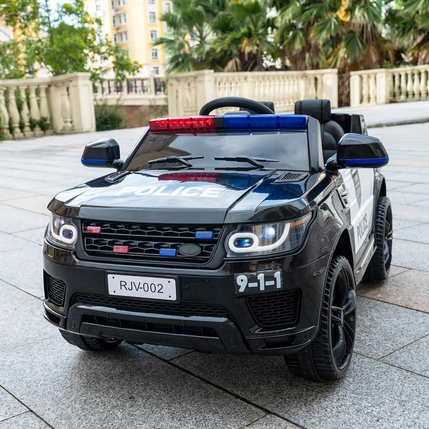 24V Ride-On Police Car for Kids, Electric Battery Operated Cop Vehicle with Remote Control, Flashing Lights, Siren, Music Steering Wheel, Microphone, Power Display, Black