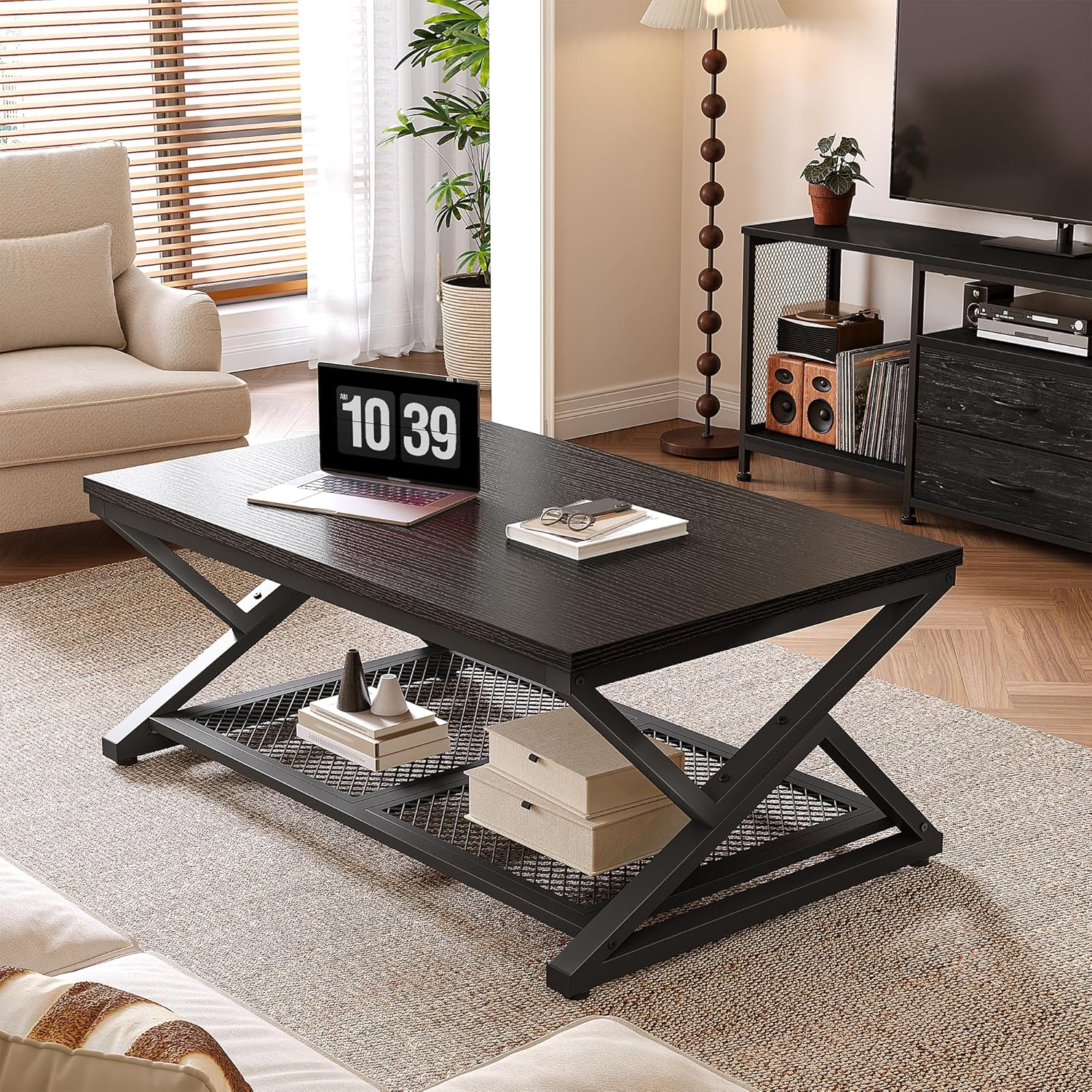 EnHomee Coffee Table with Storage, Modern Coffee Tables for Living Room with Mesh Shelf, 2 Tier Rectangular Center Table for Living Room, Bedroom, 39.4 Inch, Black Oak