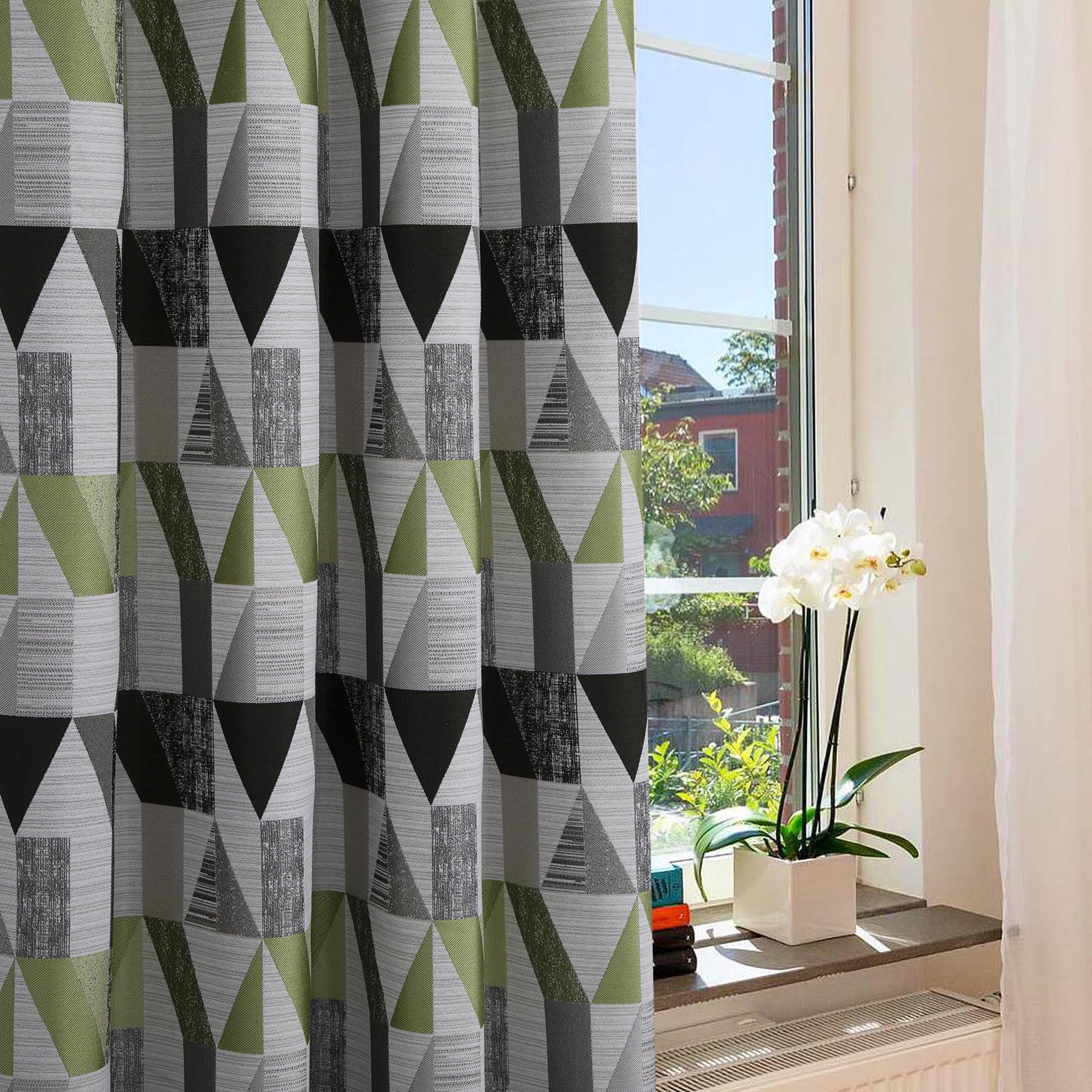 always4u Rideau Occultant à Motifs Géométrique en Faux Lin, Double Rideaux Isolation Thermique à Oeillets pour Salon et Chambre, Moderne, Vert 140x245cm Lot de 2