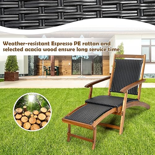 Miniatura 6 de RELAX4LIFE Chaise Lounge - Silla de mimbre plegable de madera de acacia con reposapiés retráctil, silla de terraza ergonómica que ahorra espacio